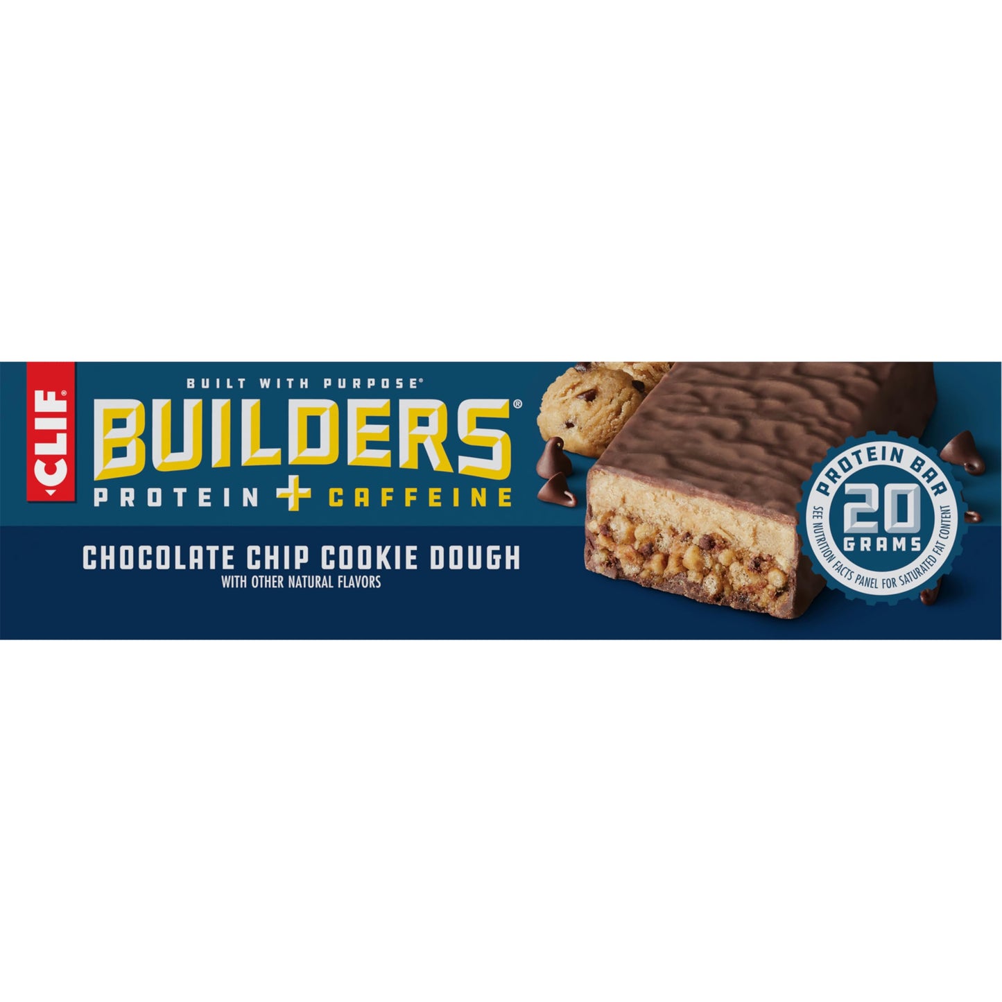CLIF BUILDERS + Caffeine Protein Bars - Chocolate Chip Cookie Dough Flavor - 20g Plant Based Protein - Gluten Free - Non-GMO - Low Glycemic - No Artificial Sweeteners - 2.4 oz. (12 Pack)