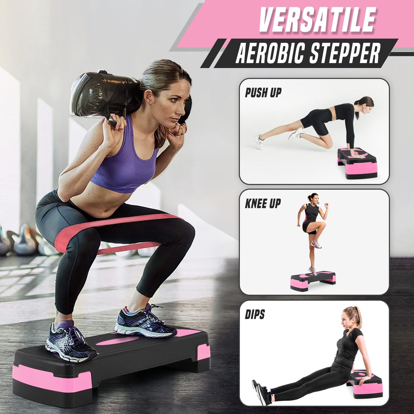 SFIHOME 31" Aerobic Exercise Step Platform, Step Up Exercise Platform with 4" 6" 8" Adjustable Risers, Stair Stepper Workout Stepper for Home Gym Strength Training Fitness Equipment, Pink