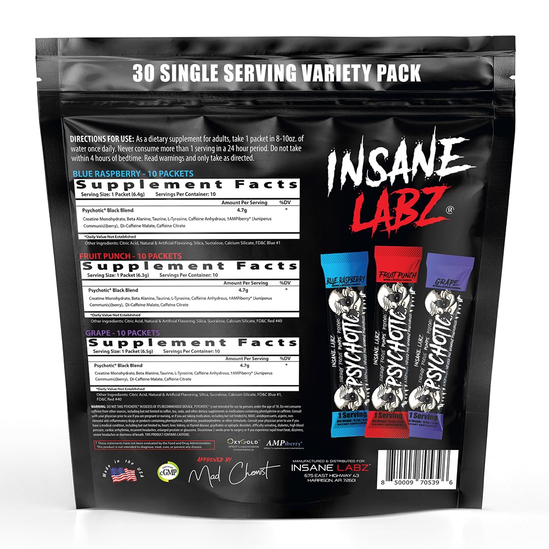 Insane Labz Psychotic Black Edition Mid Stimulant Pre Workout Powder, Energy Focus Pumps, Loaded with Creatine Beta Alanine Taurine Fueled by AMPiberry, Variety 30 Servings