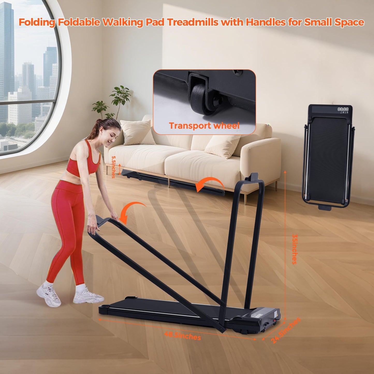 Foldable Walking Pad Treadmill with Handle Bar, 3.0HP Portable Under Desk Treadmills for Home Small, 3-in-1 Folding Walking Pads Treadmills with Handles, Compact Treadmill with LED Display