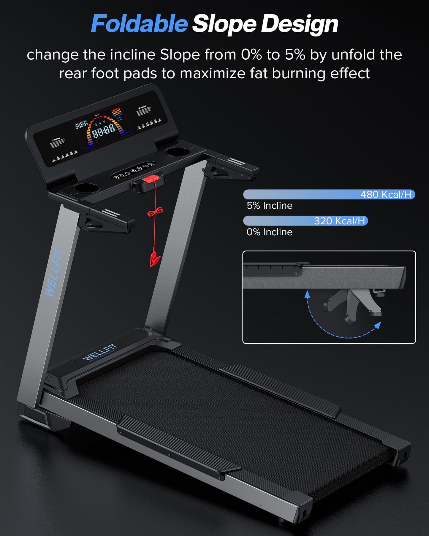 WELLFIT Home Treadmill, 2 Level Incline Heavyduty Treadmill with Pulse Sensor, 4.0 HP, 10 MPH, 450 lbs Capacity, 20'' x 45'' Running Area Treadmills with Bluetooth Player & LED Display