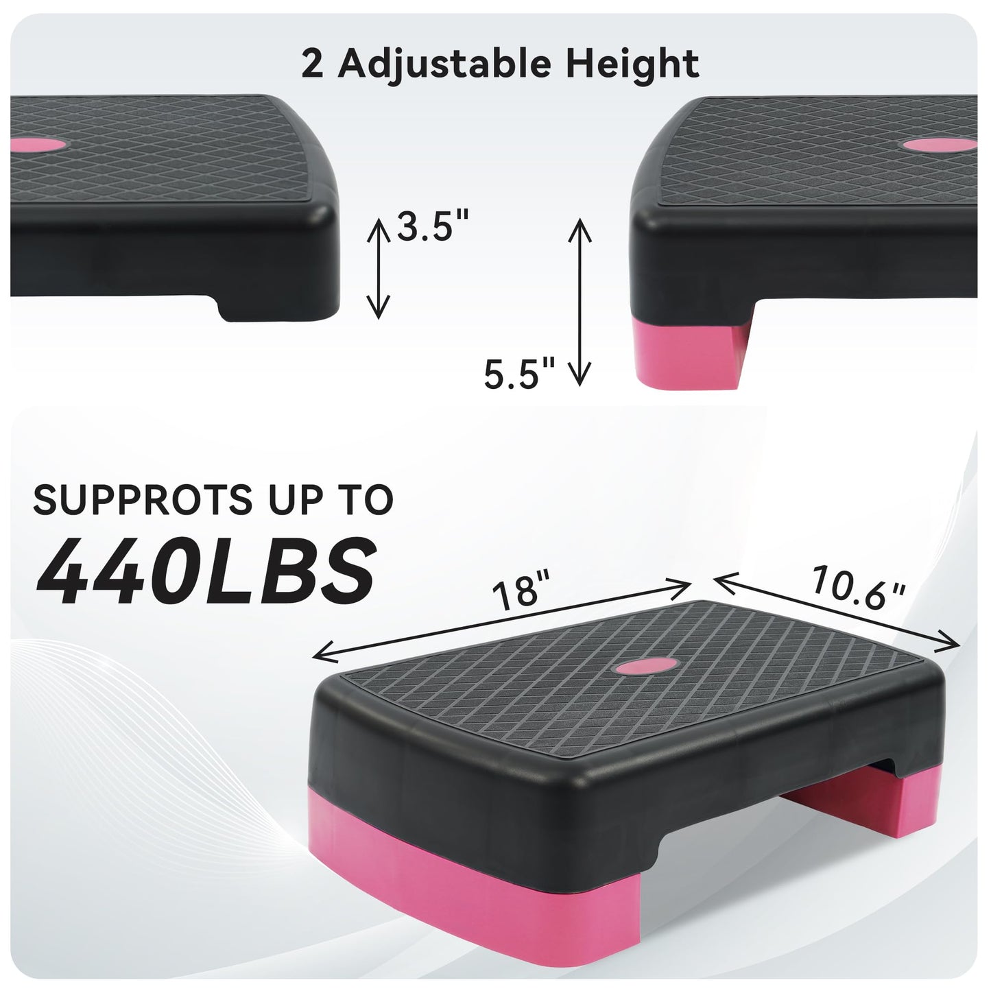 Fitvids 18" Workout Aerobic Stepper Step Platform with 2 Risers, Lightweight Portable Step Up Platform Trainer, Adjustable Height 3.2’’ 5.5’’ for Home Gym, Black and Pink