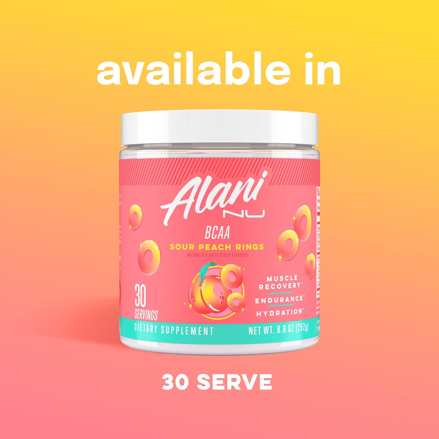Alani Nu BCAA Sour Peach Ring | Branch Chain Essential Amino Acids | 2:1:1 Formula | Supplement Powder | Muscle Recovery Vitamins for Post-Workout | 30 Servings