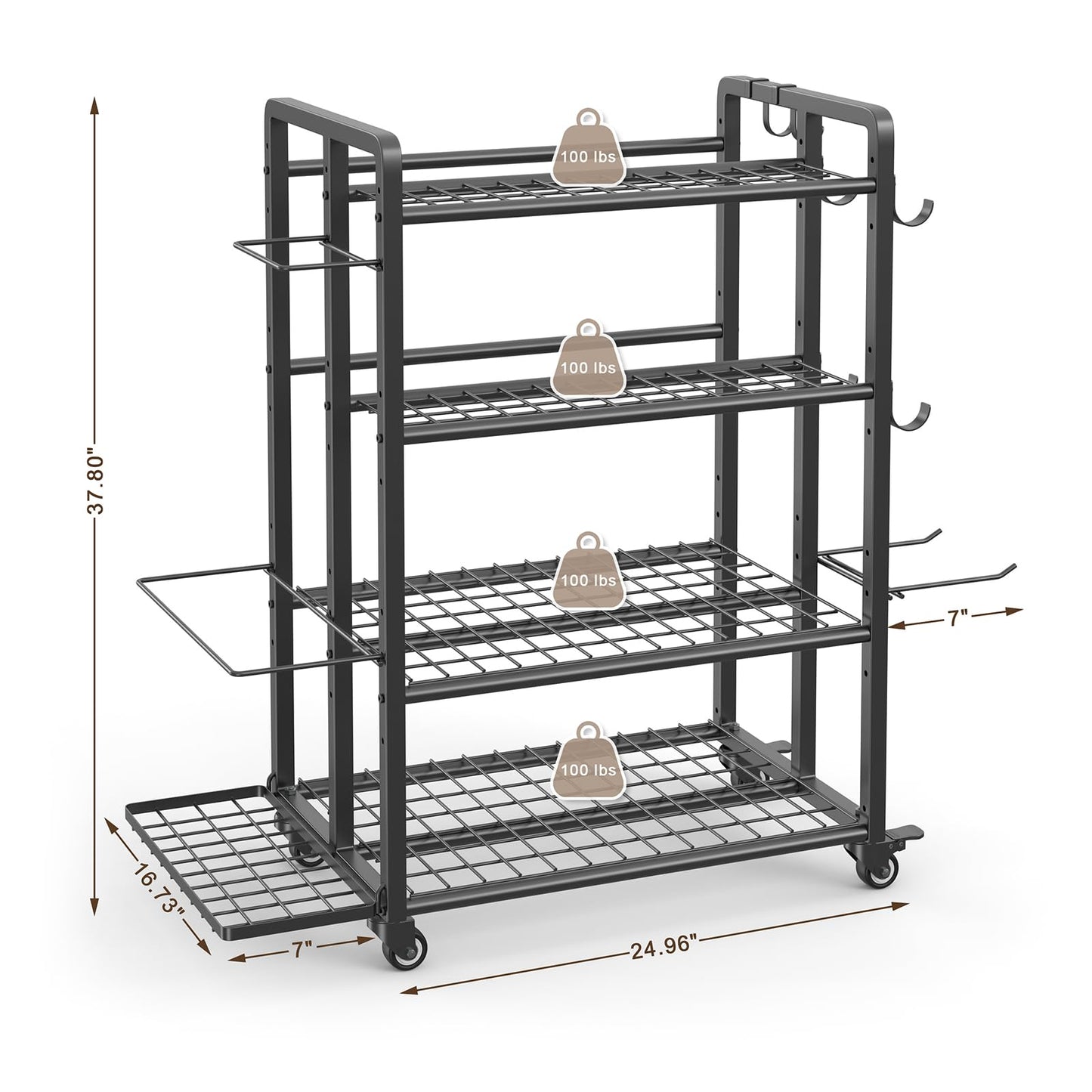 4-Tier Dumbbell Rack Stand Only, Adjustable Weight Rack for Dumbbells Kettlebells Yoga Mat, Home Gym Storage Rack with Wheels and Hooks, Powder Coated Finish (Large)