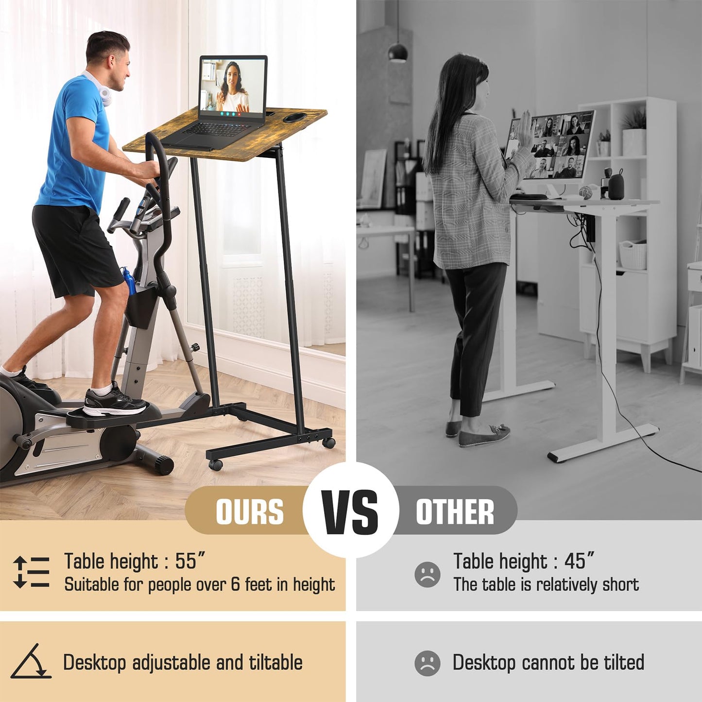 Eocnrhe Treadmill Desk, Mobile Small Standing Desk with Wheels for Walking Pad, Portable Table for Laptop, Rolling Table Adjustable Height, Bedside Table