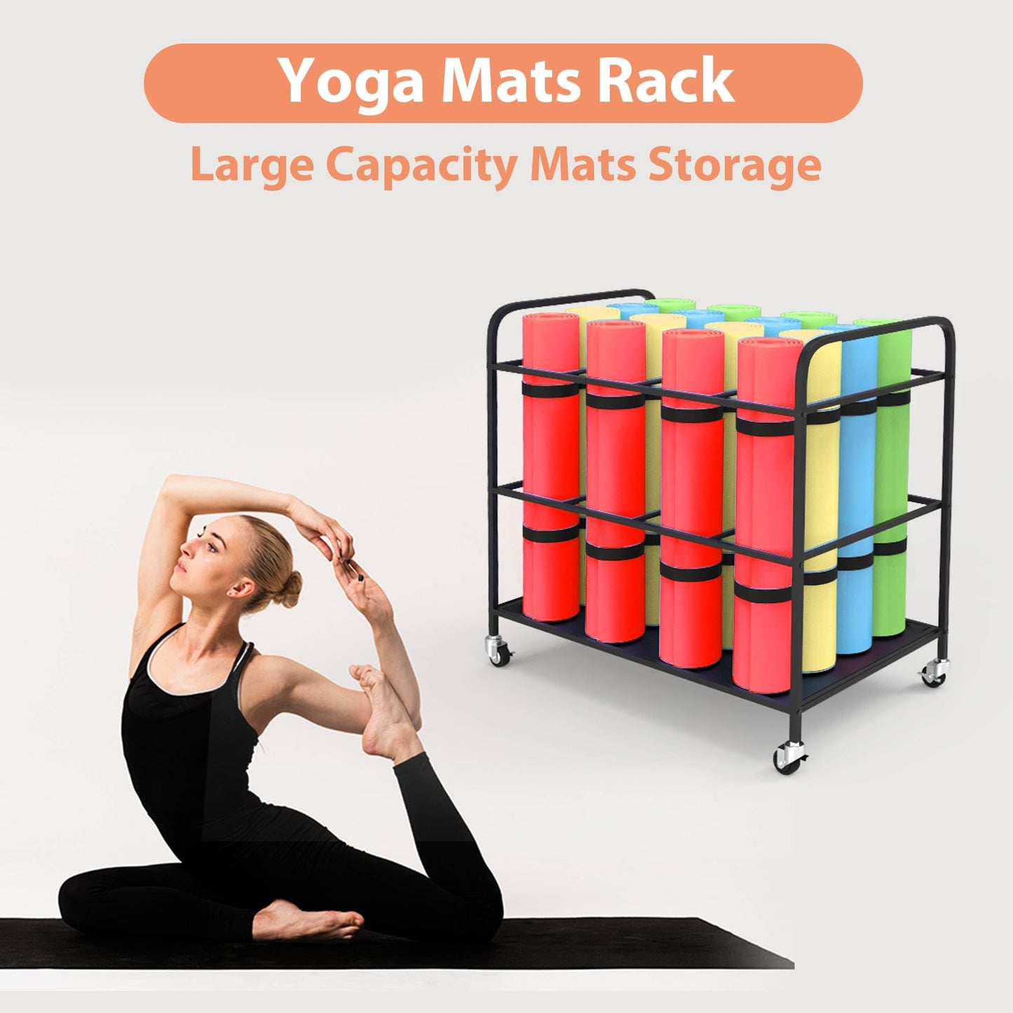 ElveBuka Large Yoga Mat Storage Rack Cart with Wheels, Metal Yoga Mat Holder Basket Home Gym Foam Rollers Organizer for Home Gym Yoga Studio(Stand Only, No Mats)
