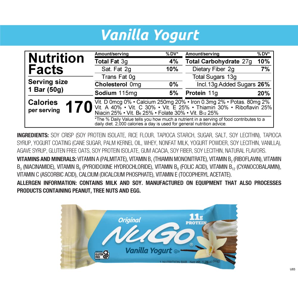 NuGo Protein Bar, Vanilla Yogurt, 11g Protein, 170 Calories, Gluten Free, 1.76 Ounce each, 15 Count (Pack of 1)