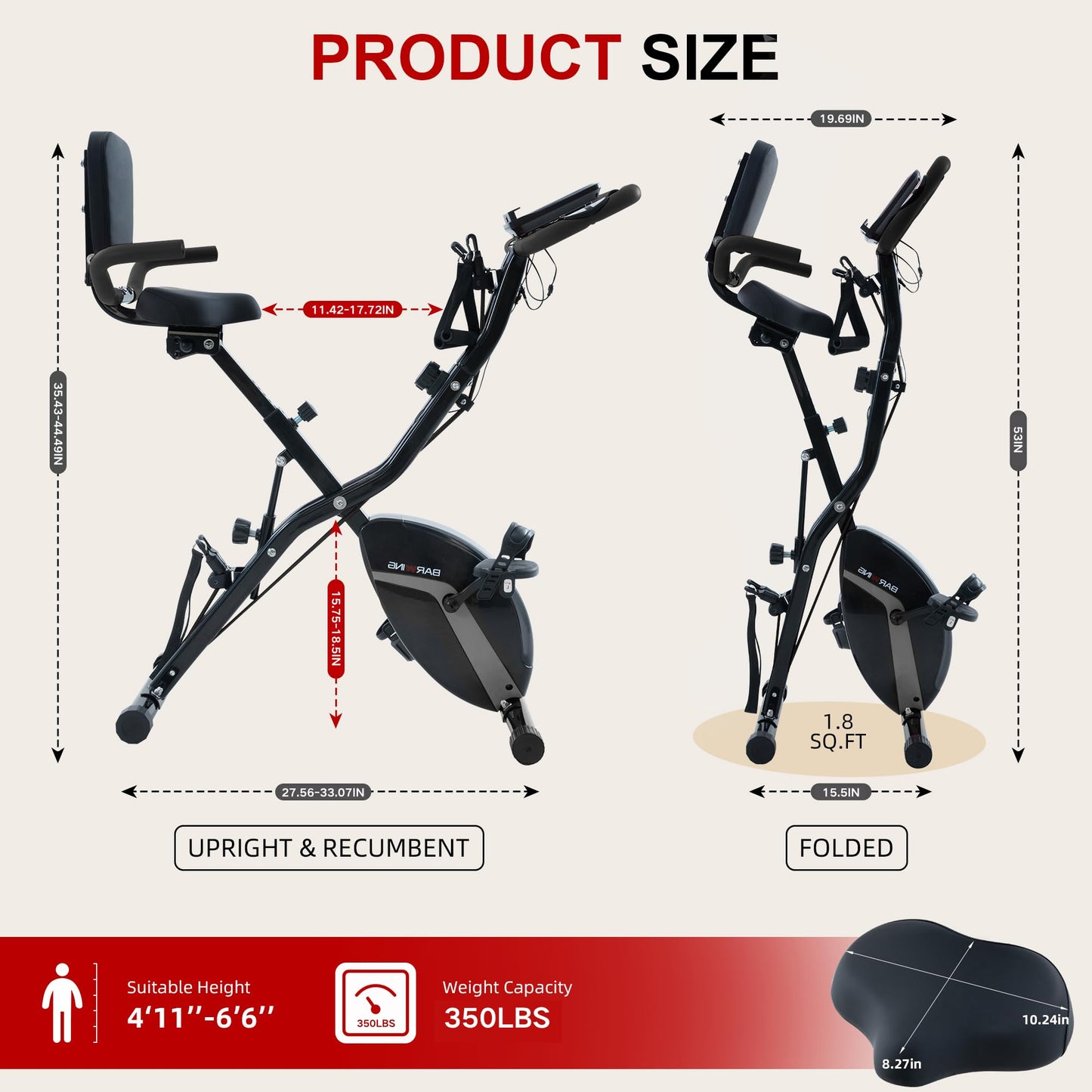 BARWING Stationary Exercise Bike for Home Workout, 5 IN 1 Foldable Indoor Cycling Bike for Seniors, 350LB Capacity, 16-Level Magnetic Resistance, Seat Backrest Adjustments (Black)