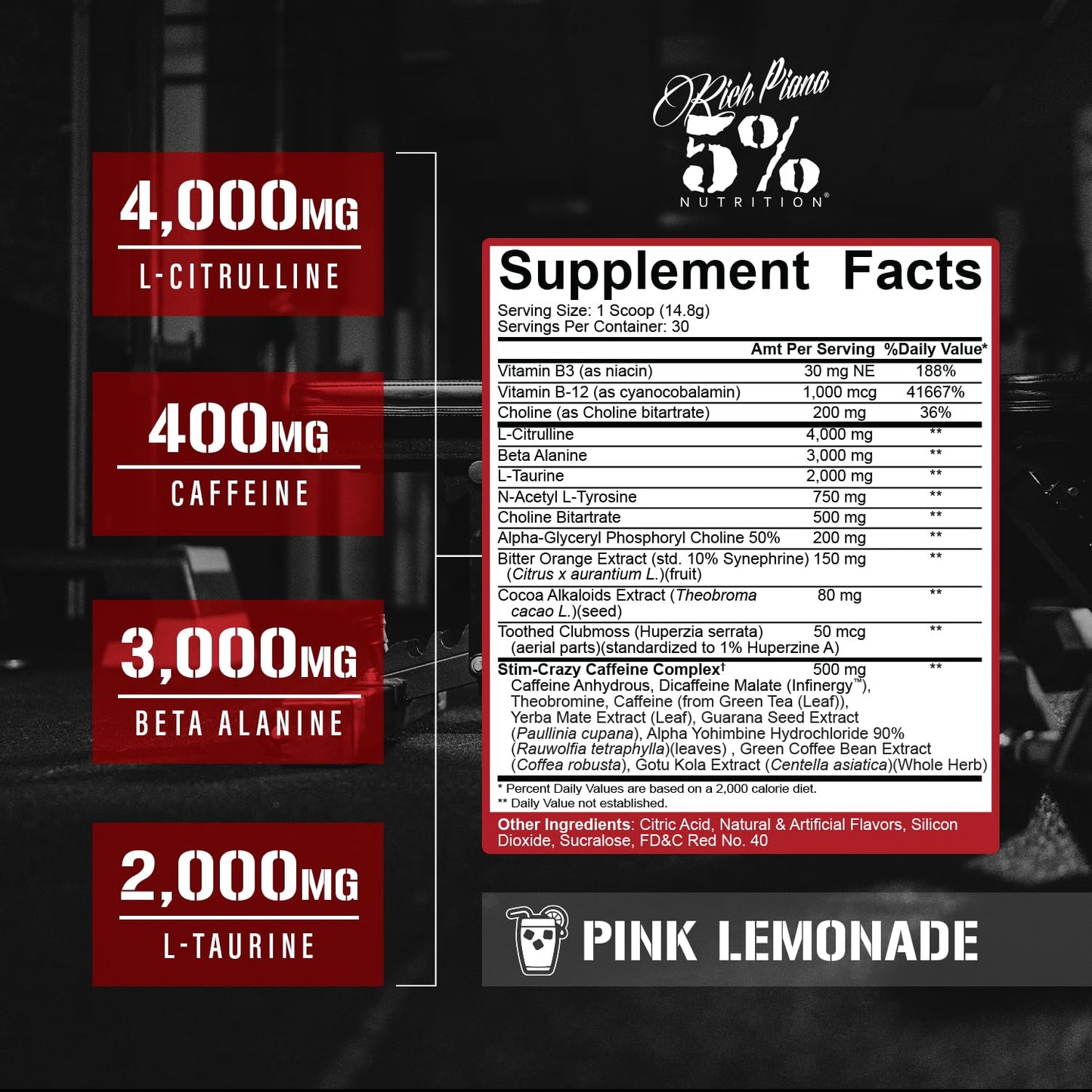 5% Nutrition Rich Piana 5150 High Stim Pre-Workout Powder | Extreme Energy, Focus, Pumps & Endurance | 400 mg Caffeine, Citrulline, Beta Alanine, N-Acetyl L-Tyrosine | 30 Srvgs (Pink Lemonade)
