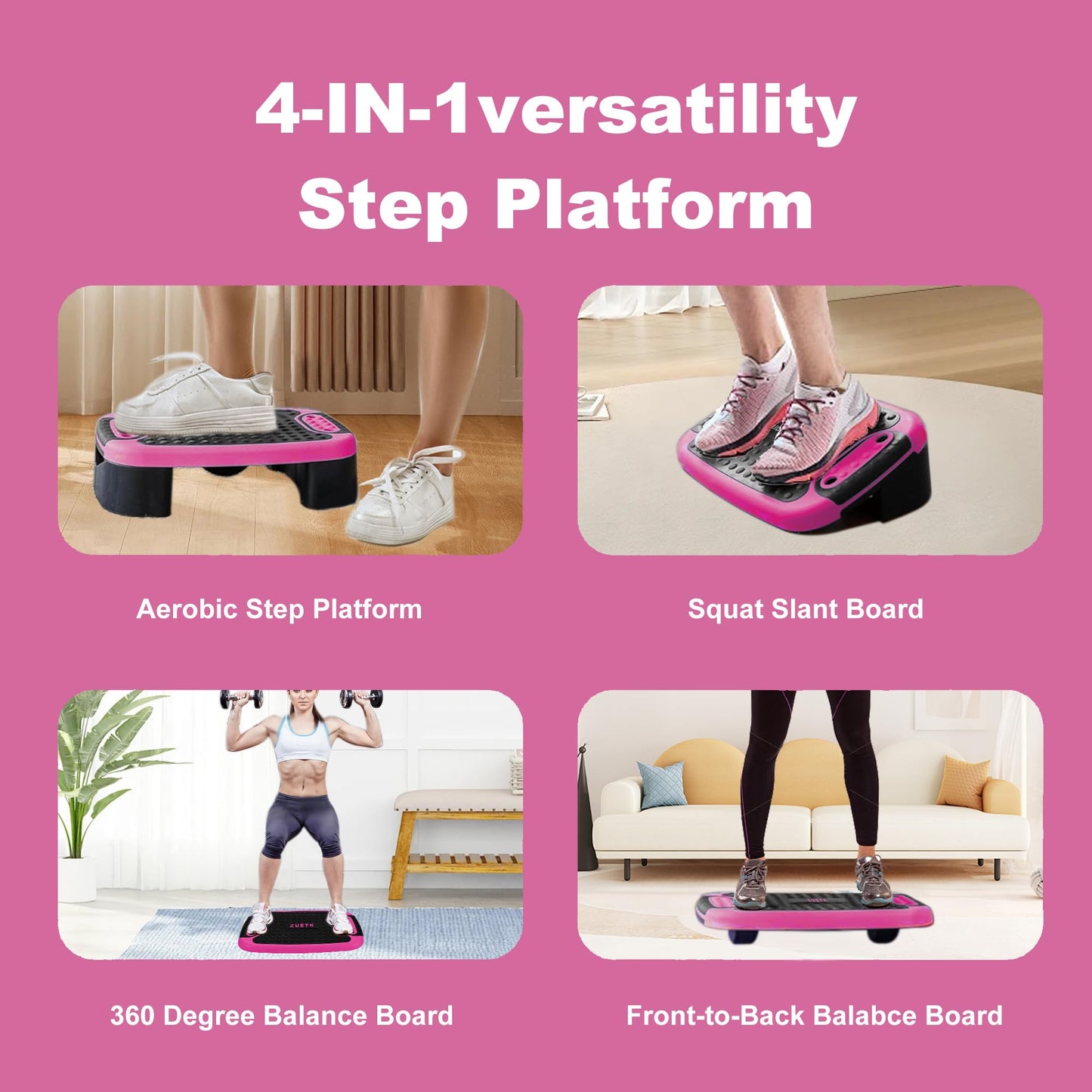 ZUETK 4-In-1 Aerobic Balance Board and Step Up Exercise Platform - Adjustable Multifunctional Balance Board Slant Board, Steppers for Exercise - Home Workout Non Slip Stepper Platform Purple-Pink