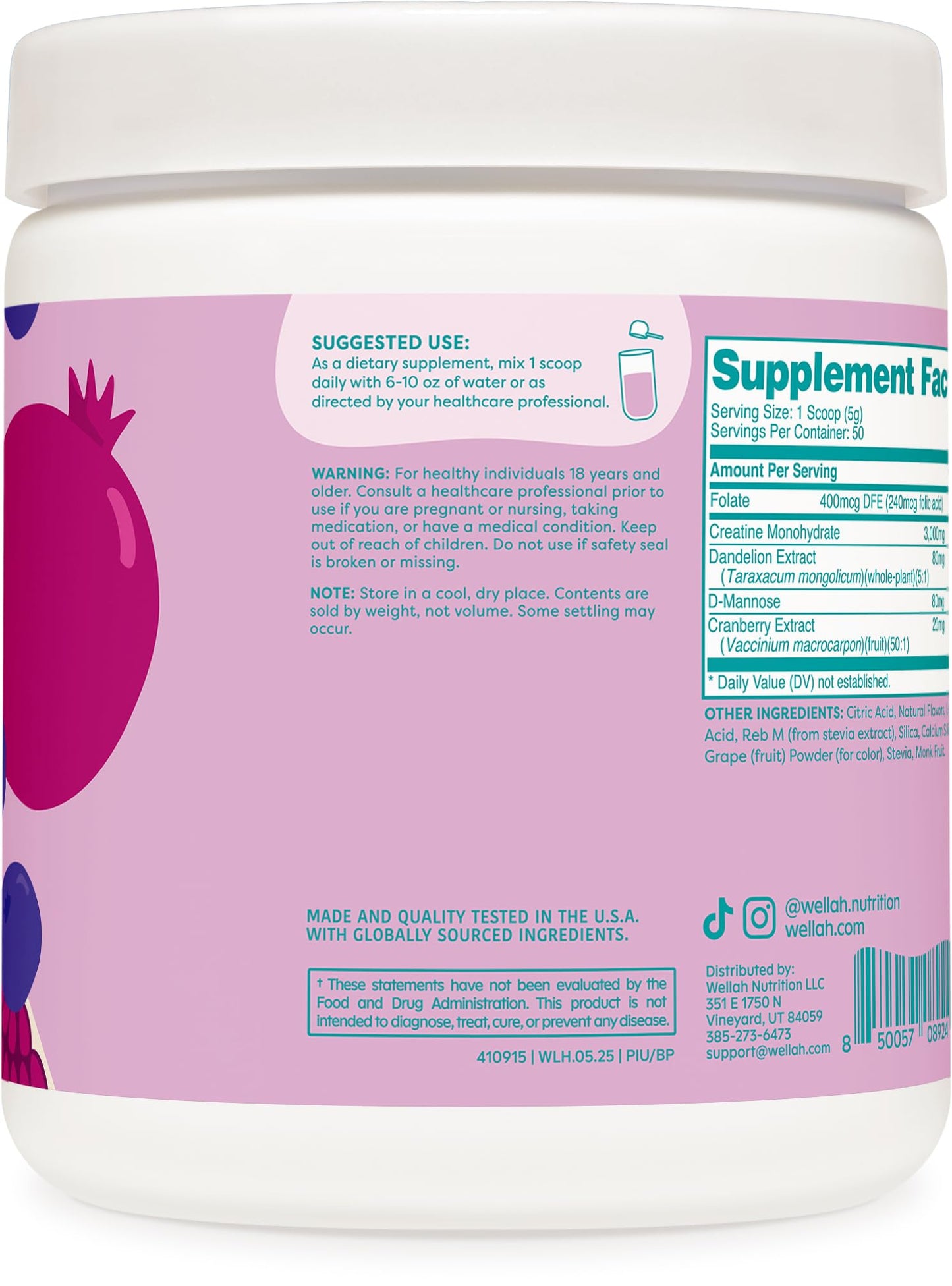 Wellah Pump-It-Up Creatine (50 Servings, Blueberry Pomegranate) - Creatine Monohydrate with Dandelion, & Cranberry Extract