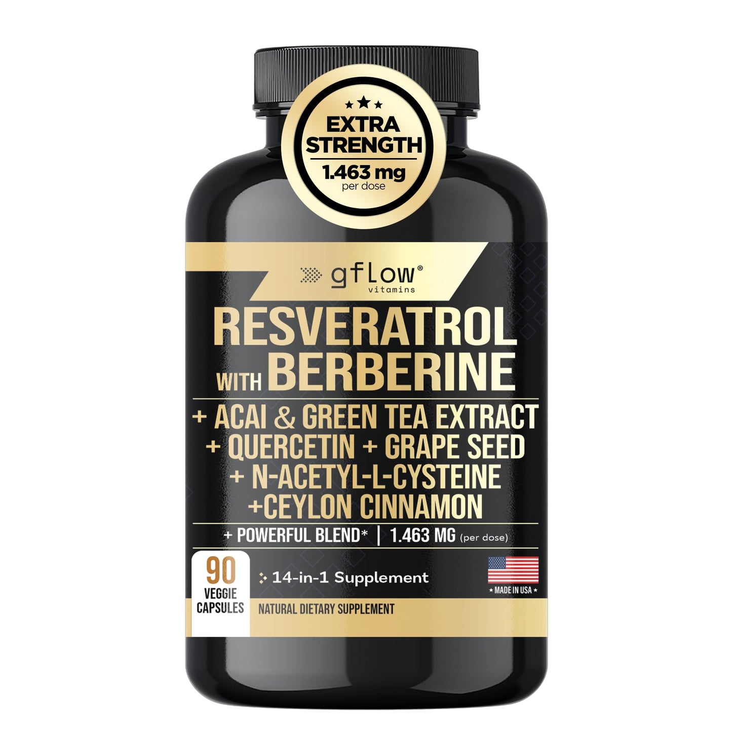 gflow vitamins Resveratrol Supplement - 6000mg Max Strength with Berberine 3000mg Ceylon Cinnamon 1000mg Quercetin 2000mg, n Acetyl cysteine, Green Tea Extract, Acai - 14-in-1 Complex, 100% Natural