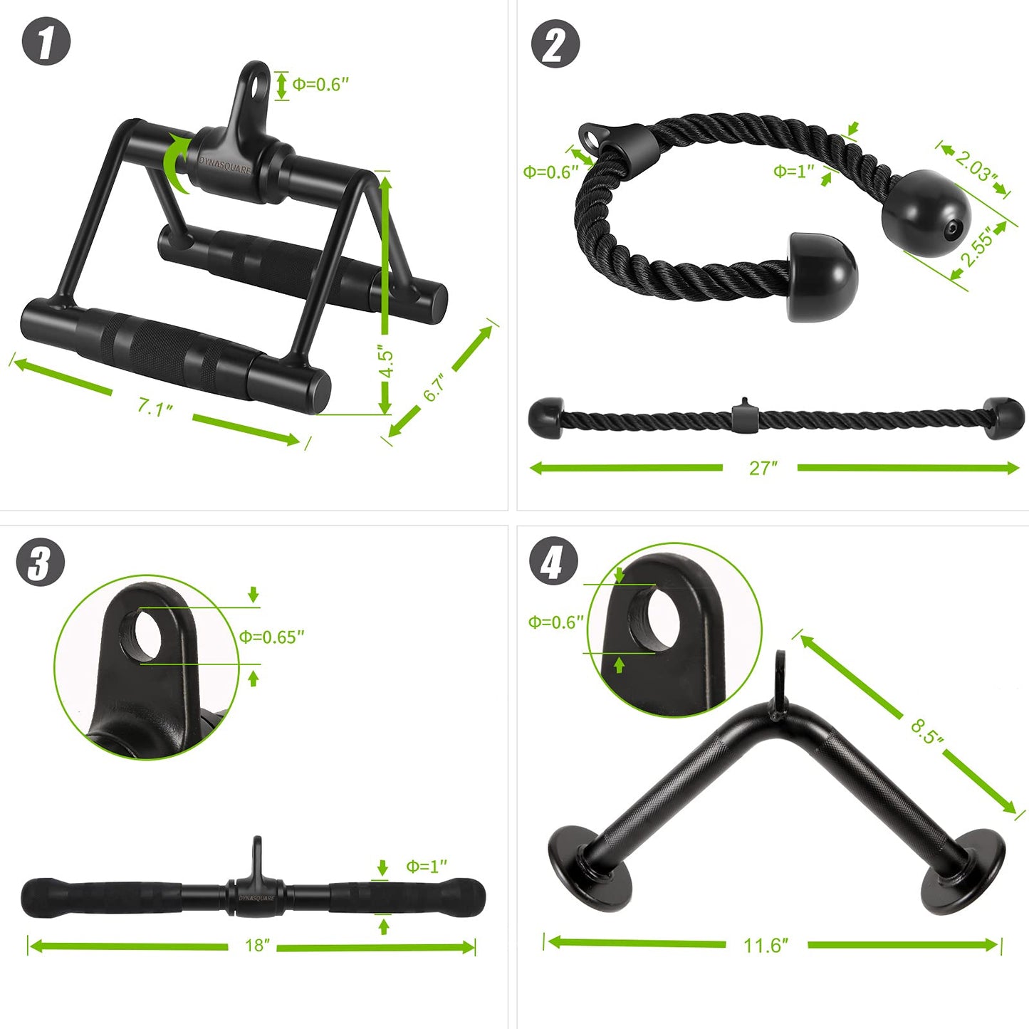 DYNASQUARE Cable Attachments for Home Gym, Made of Heavy Duty Solid Steel, LAT Pulldown Attachment, Weight Machine Accessories, Straight Pull Down Bar, Tricep Rope, Exercise & Double D Handle