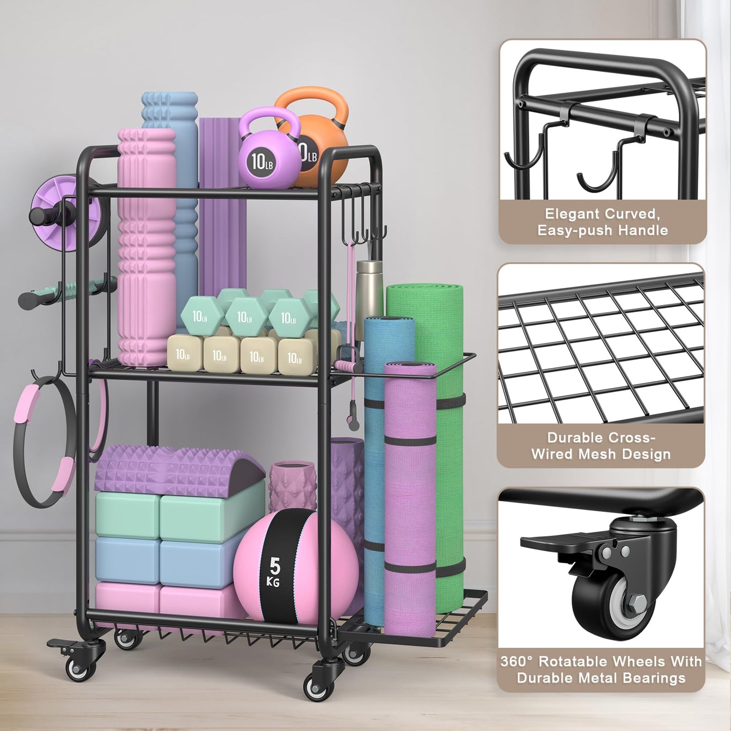 Weight Rack for Home Gym, All in One Yoga Mat Storage Rack, Workout Equipment Storage with Wheels and Hooks for Dumbbells Kettlebells Foam Rollers, Powder Coated (Black)