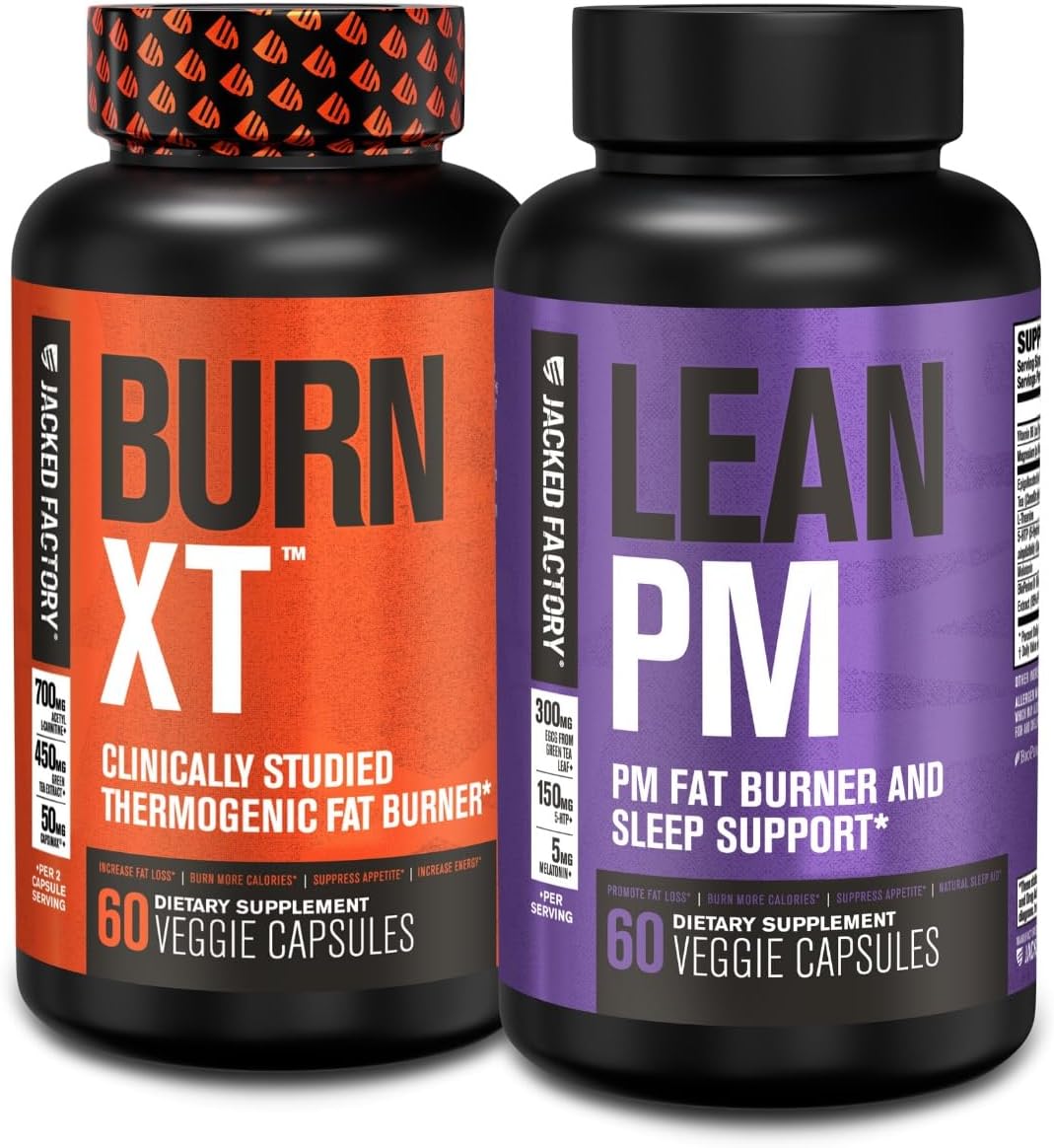 Jacked Factory Burn XT Thermogenic Fat Burner & Lean PM Nighttime Weight Loss Supplement for Men & Women 60 Veggie Diet Pills
