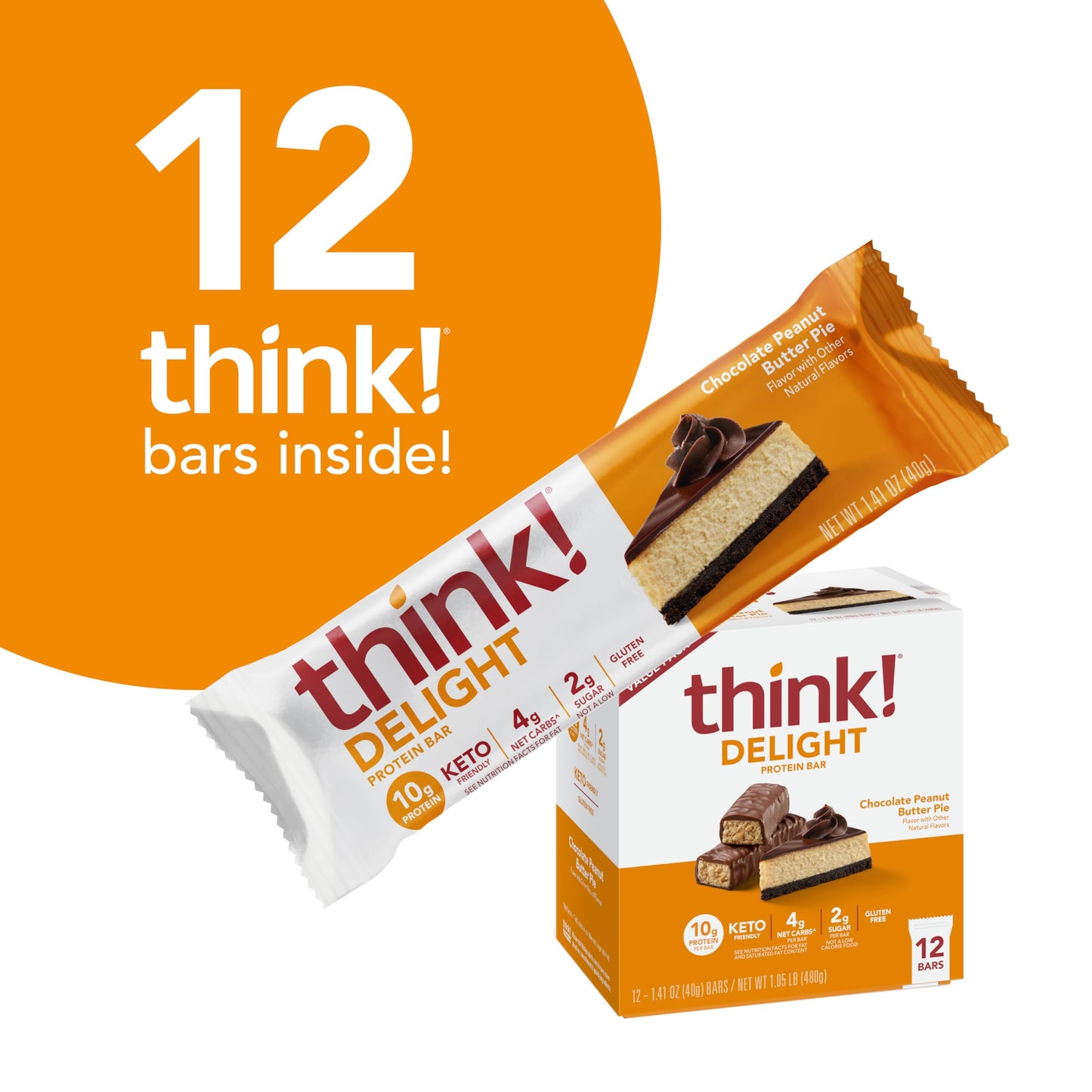 think! Delight Protein Bars, Chocolate Peanut Butter Pie, Low Sugar & Low Carb Gluten-Free Snack, Keto Friendly Snacks, 12 Count (Packaging May Vary)