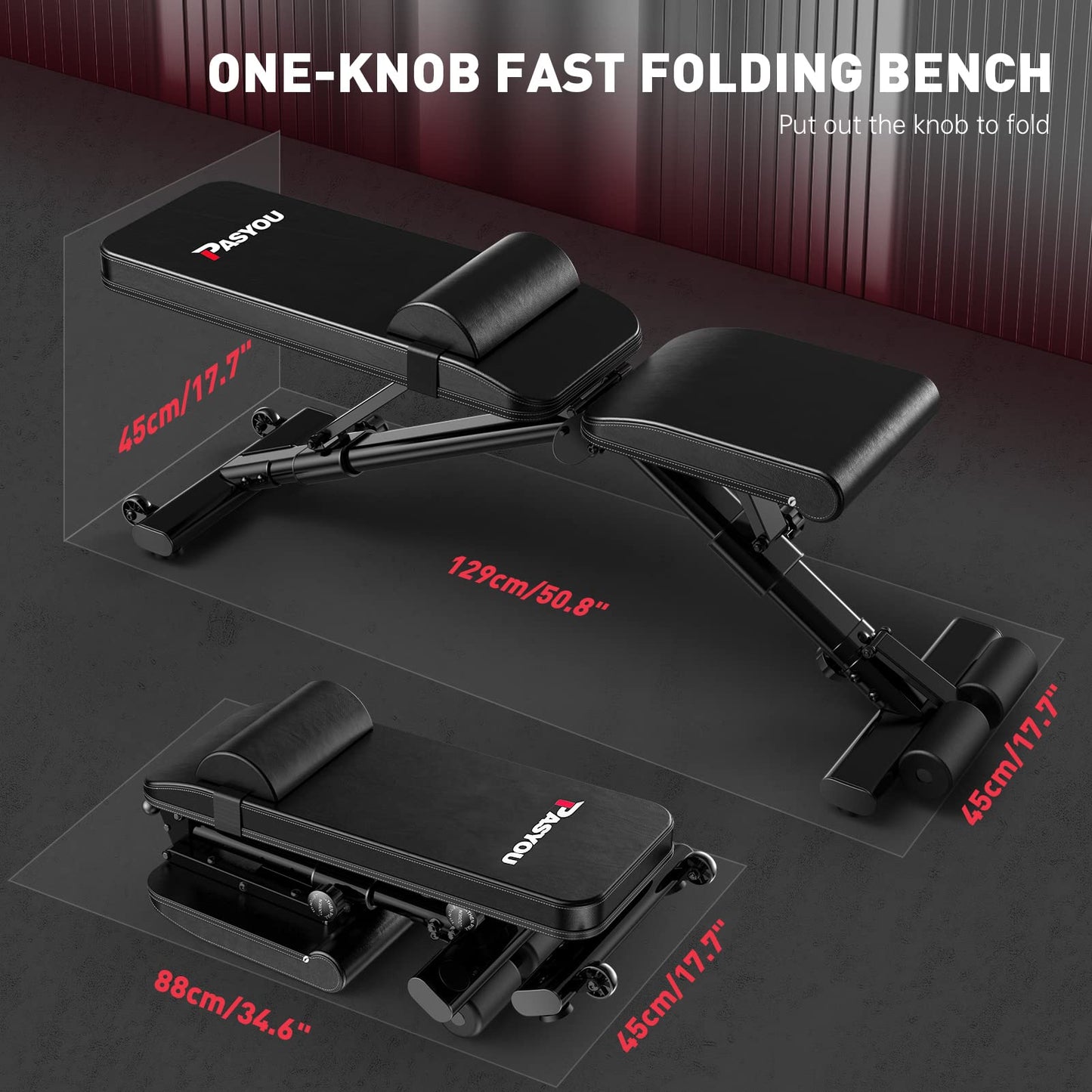PASYOU Adjustable Weight Bench,880LB Weight Capacity for Strength Training Bench Press Foldable Incline Decline Bench for Full Body Workout PA500