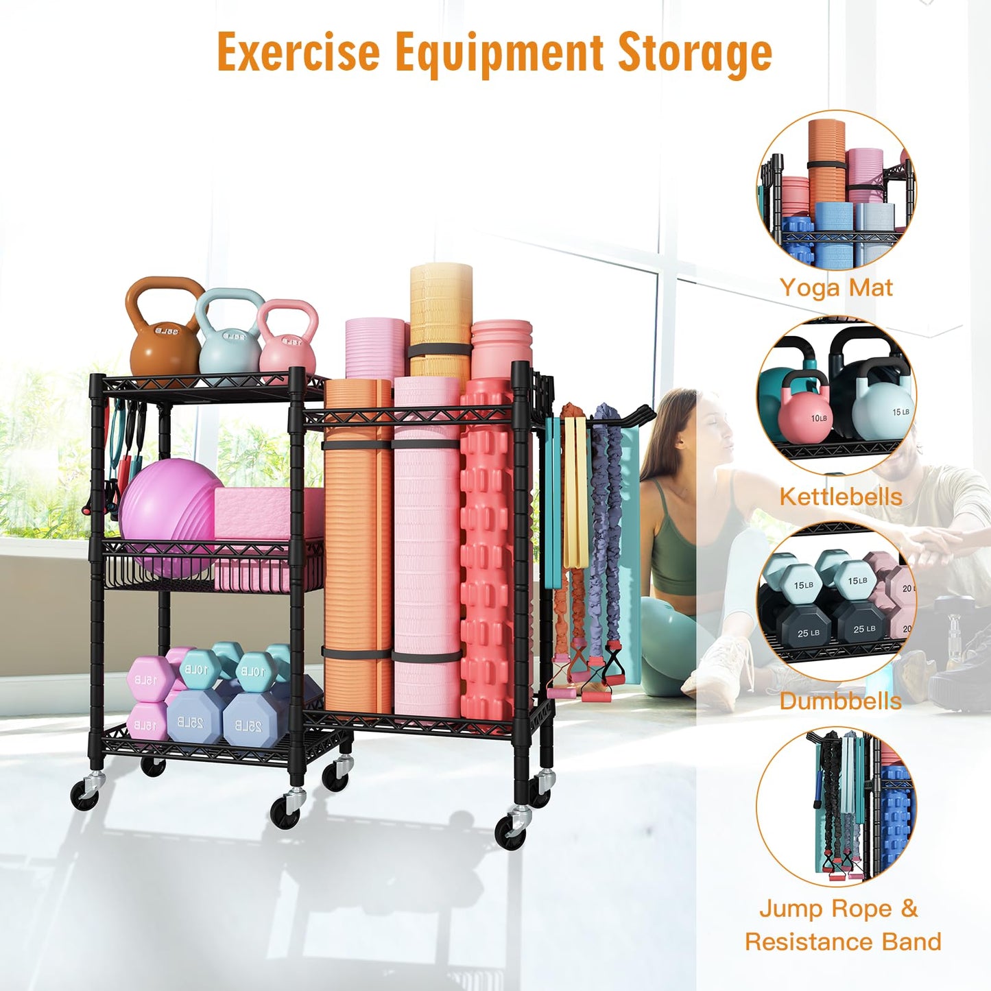FUTASSI S2 Home Gym Storage, Rolling Yoga Mat Storage and Organizer, Sport Equipment Rack for Dumbbells, Kettlebells, Foam Rollers, Resistance Bands, 11.8" D x 36" W x 32.5" H, Black
