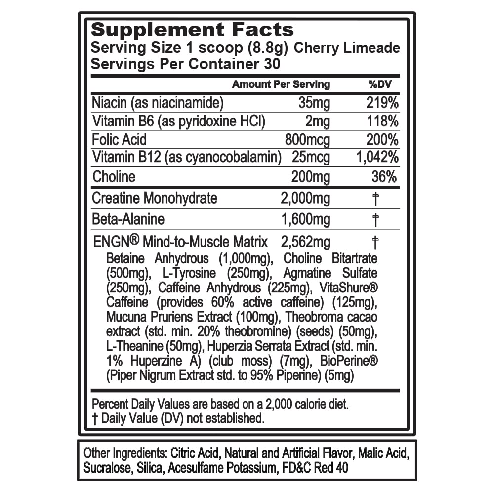 EVL Intense Pre Workout with Creatine - ENGN Energizing Pre Workout for Men Powder Drink for Lasting Energy Focus and Recovery - with Beta Alanine Caffeine and L Theanine - Cherry Limeade