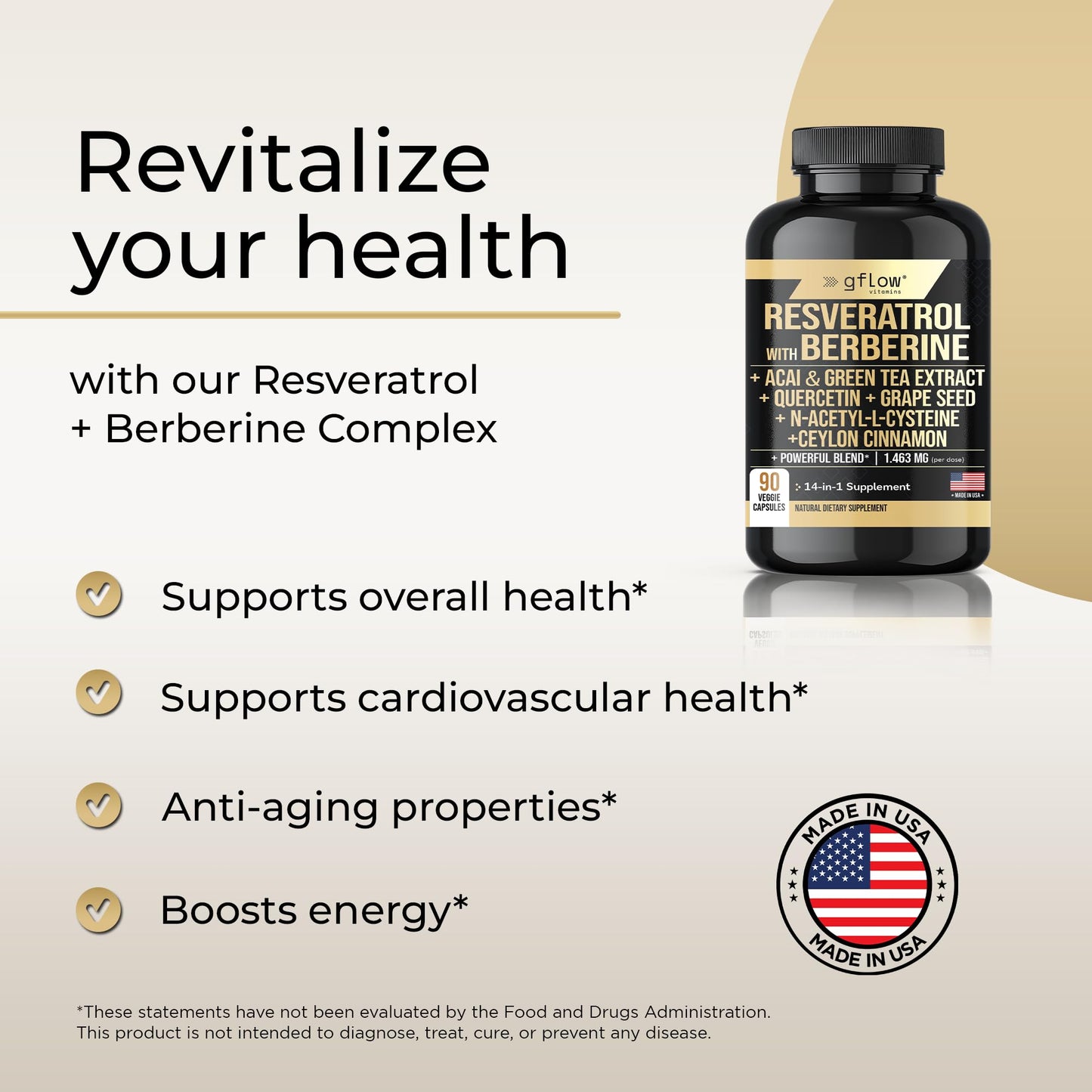 gflow vitamins Resveratrol Supplement - 6000mg Max Strength with Berberine 3000mg Ceylon Cinnamon 1000mg Quercetin 2000mg, n Acetyl cysteine, Green Tea Extract, Acai - 14-in-1 Complex, 100% Natural
