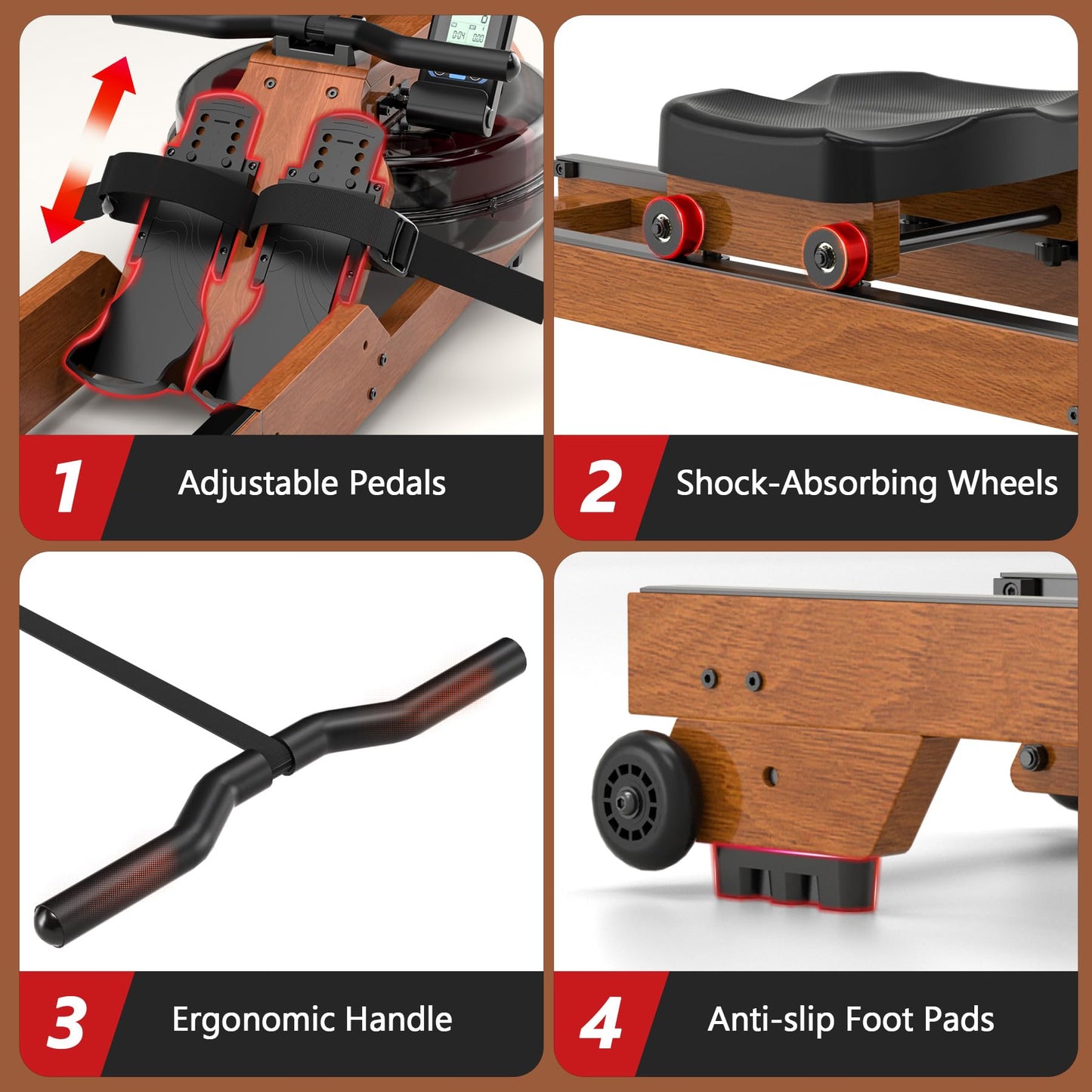 Water Rowing Machine for Home Use, WENOKER Wooden Foldable Rower Machine with Dedicated Monitor & Bluetooth APP, Large Water Tank & Comfortable Seat for Immersive Water Rower, 350LBS Weight Capacity