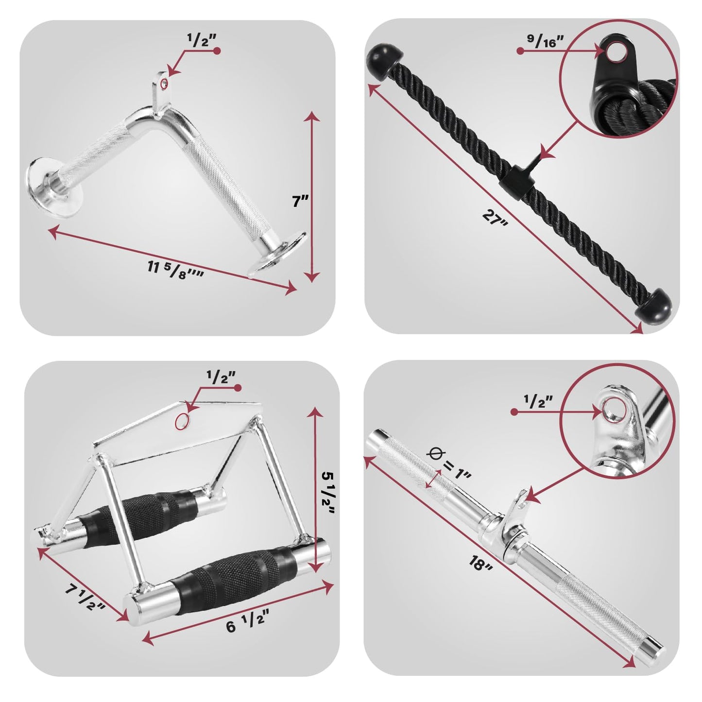 Yes4All Combo Double D Handle Cable Attachment, Tricep Rope/Tricep Pull Down Rope, Rotating Straight Bar, and V-Shaped Bar Handle