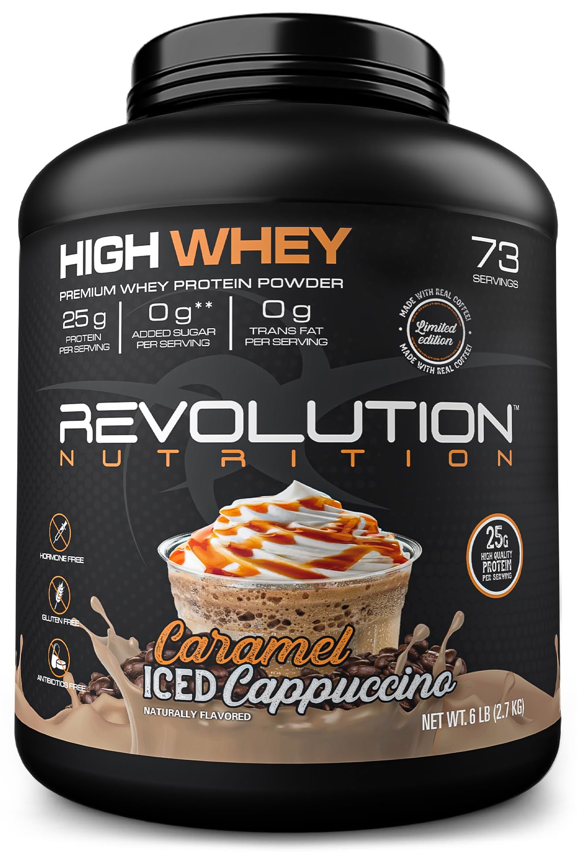 Revolution Nutrition, High Whey, Protein Powder 6LB, Whey Isolate, Gluten Free, Lean Muscle Mass for Men & Women, 25g of Protein Per Scoop, 2.7kg, 73 Servings (Caramel Iced Cappuccino, 6 Pound)
