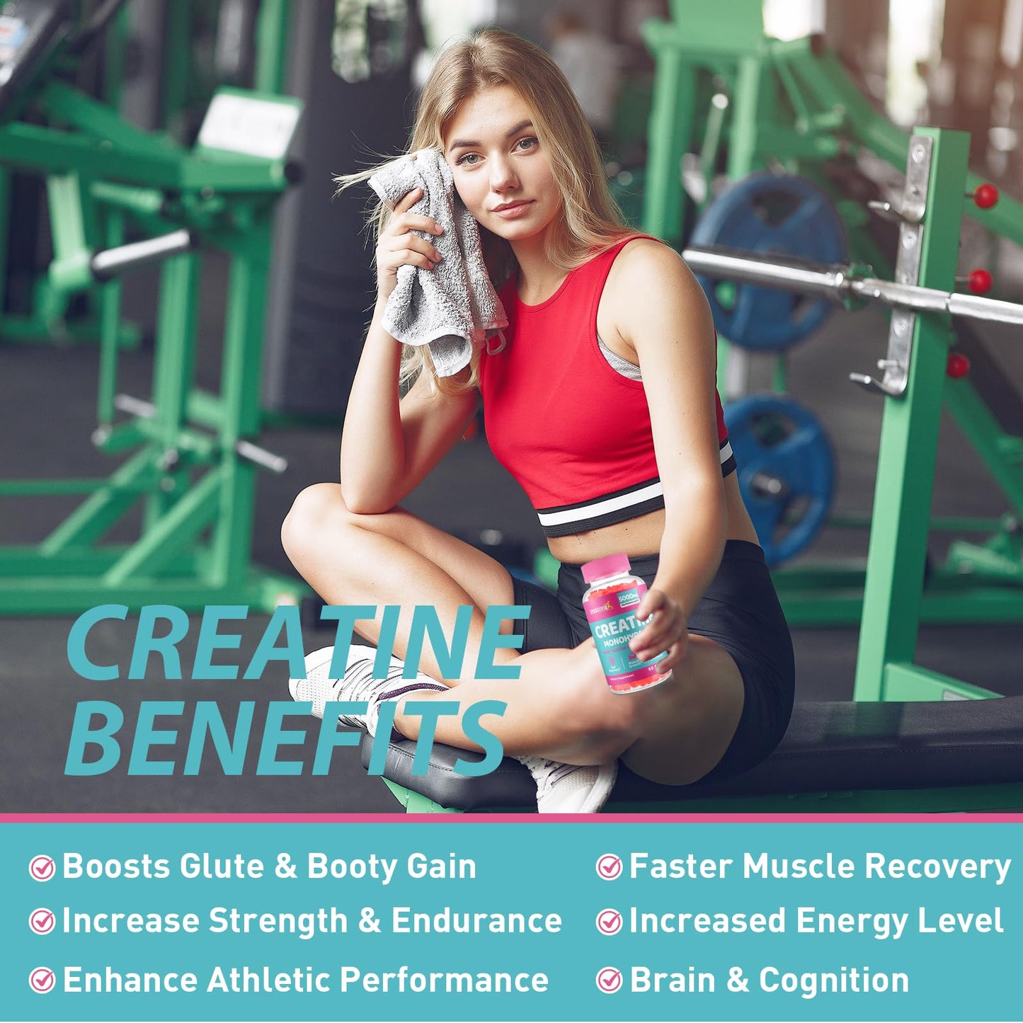 Creatine Monohydrate Gummies, Creatine for Women, Creatine Pre Workout Chewables Supplement with Taurine & B6 - for Muscle, Recovery, Strength, Energy & Endurance and Performance - 60 Count