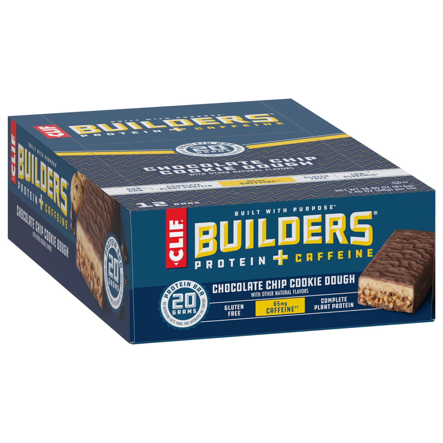 CLIF BUILDERS + Caffeine Protein Bars - Chocolate Chip Cookie Dough Flavor - 20g Plant Based Protein - Gluten Free - Non-GMO - Low Glycemic - No Artificial Sweeteners - 2.4 oz. (12 Pack)