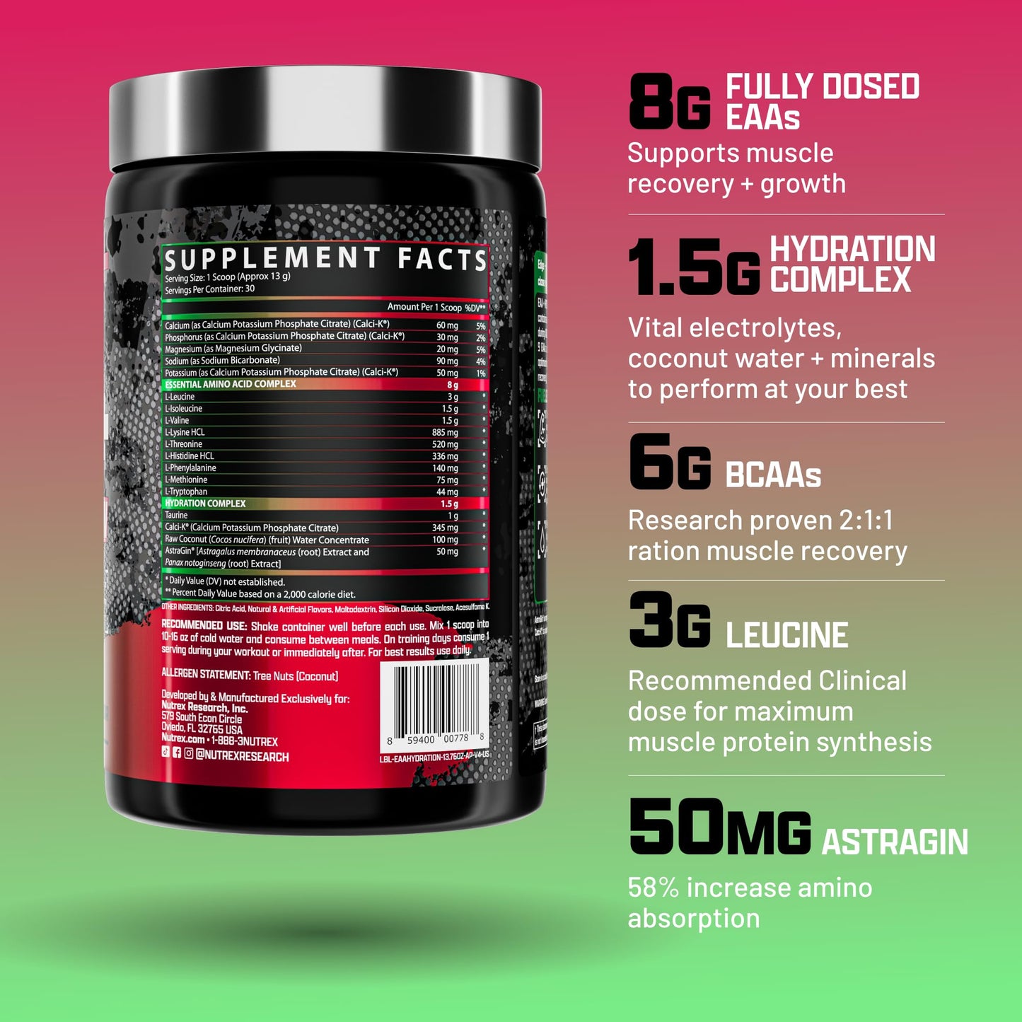 Nutrex Research EAA Hydration | EAAs + BCAAs Powder | Muscle Recovery, Strength, Muscle Building, Endurance | 8G Essential Amino Acids + Electrolytes | Apple Pear 30 Servings