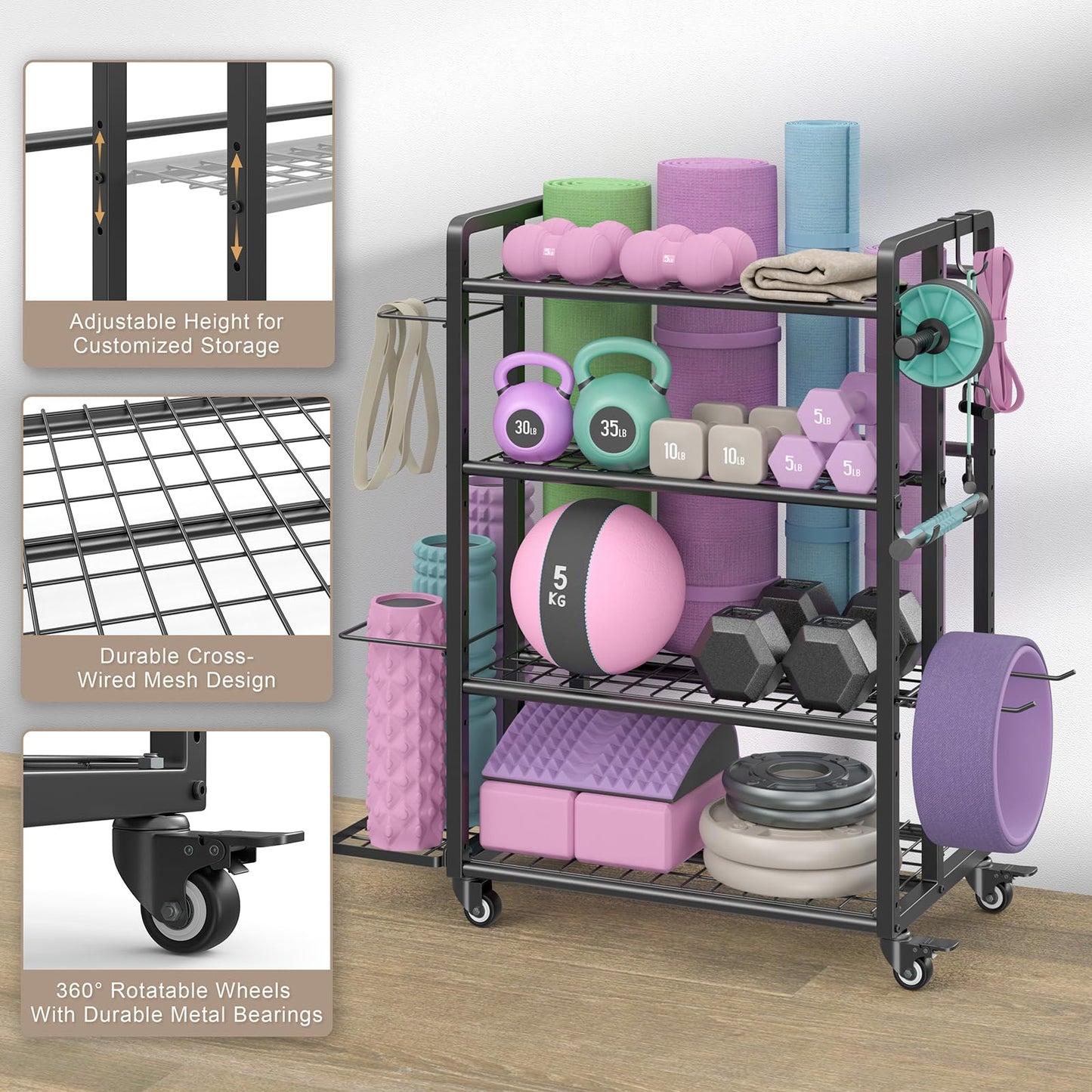 4-Tier Dumbbell Rack Stand Only, Adjustable Weight Rack for Dumbbells Kettlebells Yoga Mat, Home Gym Storage Rack with Wheels and Hooks, Powder Coated Finish (Large)