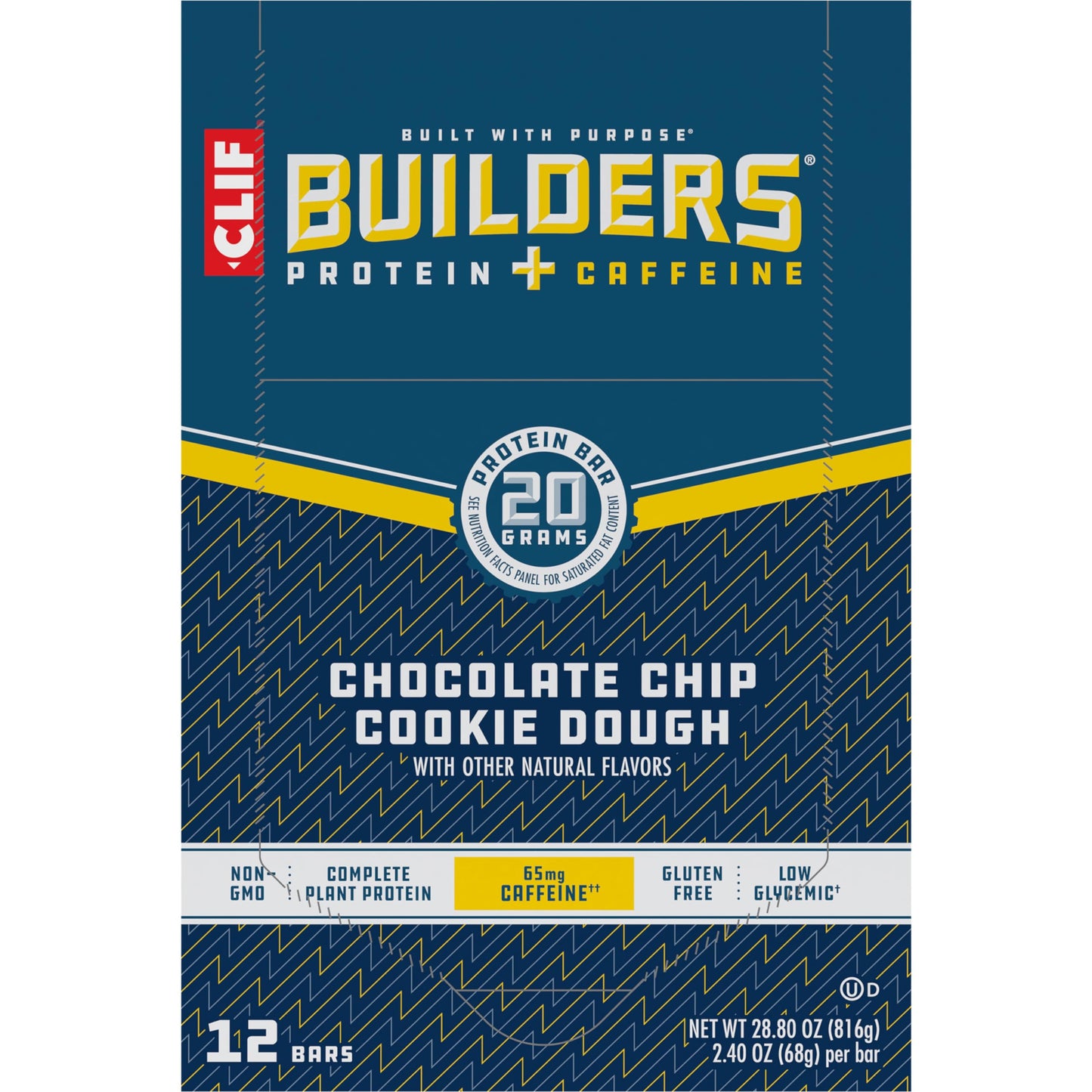 CLIF BUILDERS + Caffeine Protein Bars - Chocolate Chip Cookie Dough Flavor - 20g Plant Based Protein - Gluten Free - Non-GMO - Low Glycemic - No Artificial Sweeteners - 2.4 oz. (12 Pack)