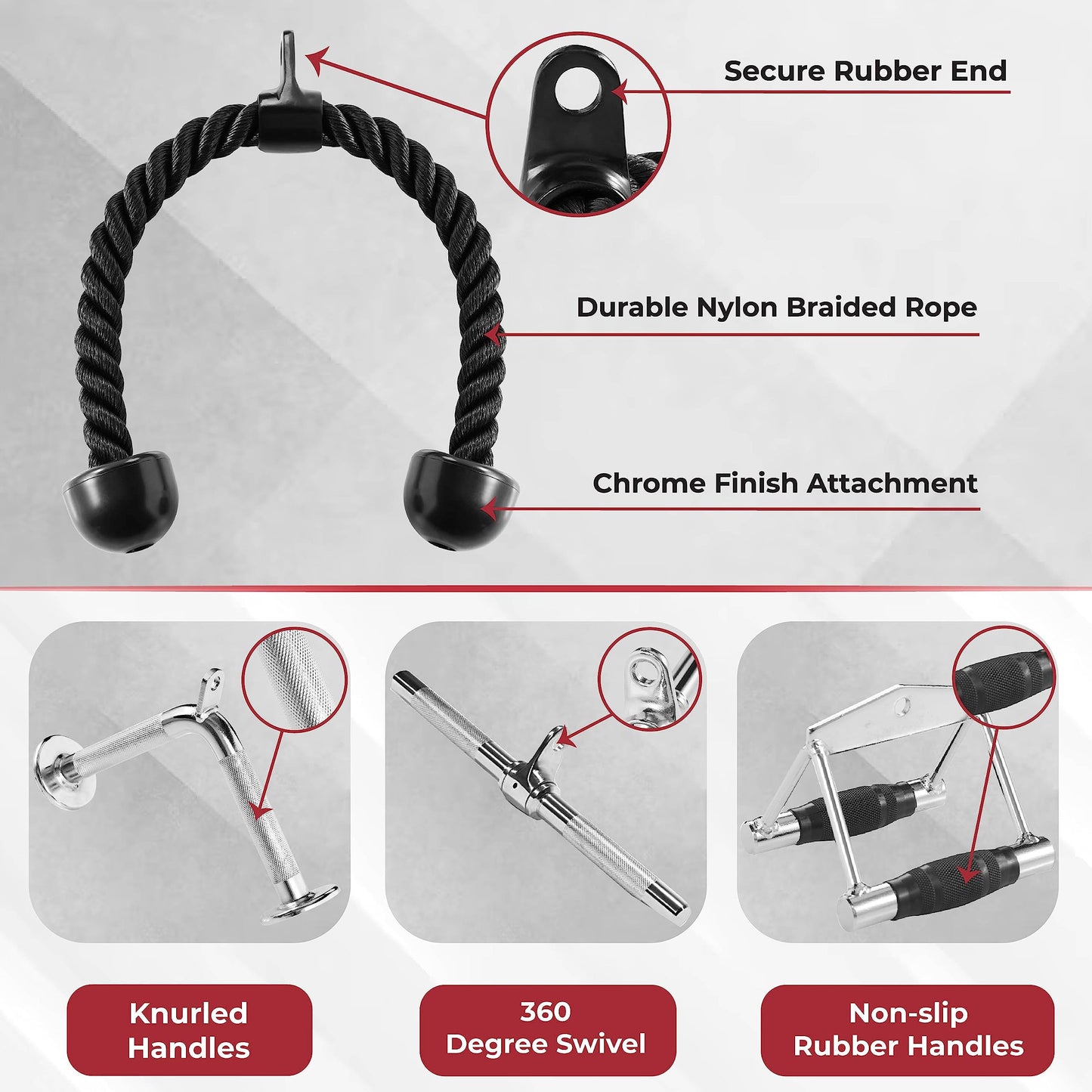 Yes4All Combo Double D Handle Cable Attachment, Tricep Rope/Tricep Pull Down Rope, Rotating Straight Bar, and V-Shaped Bar Handle