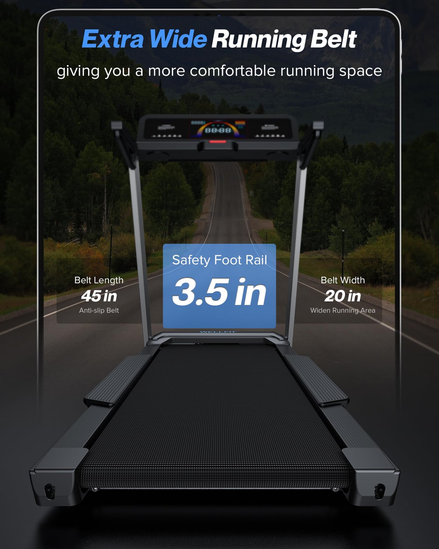WELLFIT Home Treadmill, 2 Level Incline Heavyduty Treadmill with Pulse Sensor, 4.0 HP, 10 MPH, 450 lbs Capacity, 20'' x 45'' Running Area Treadmills with Bluetooth Player & LED Display