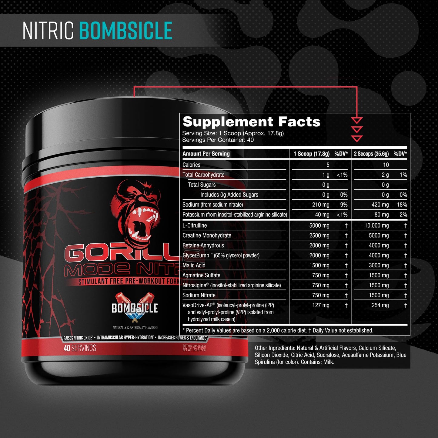 Gorilla Mind - Gorilla Mode Nitric Upgraded Stimulant Free Pre-Workout – Best Tasting and Most Effective Stimulant Free Pre-Workout/Massive Pumps · Vasodilation · Power / 768 Grams (Bombsicle)