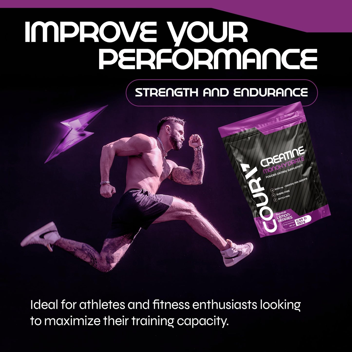 COURA Creatine Monohydrate Lemon-Berries Flavor - 450g - Sports Supplement - Strength and Endurance - Ideal for Intense Workouts - Gluten Free - Bottle Free