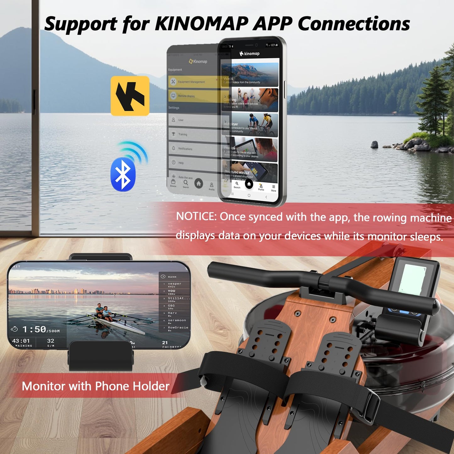 Water Rowing Machine for Home Use, WENOKER Wooden Foldable Rower Machine with Dedicated Monitor & Bluetooth APP, Large Water Tank & Comfortable Seat for Immersive Water Rower, 350LBS Weight Capacity