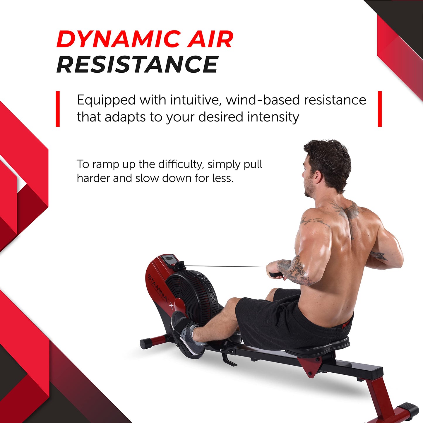 Stamina X ATS Air Rower Machine with Smart Workout App - Foldable Rowing Machine with Dynamic Air Resistance for Home Gym Fitness - Up to 250 lbs Weight Capacity - Red/Black