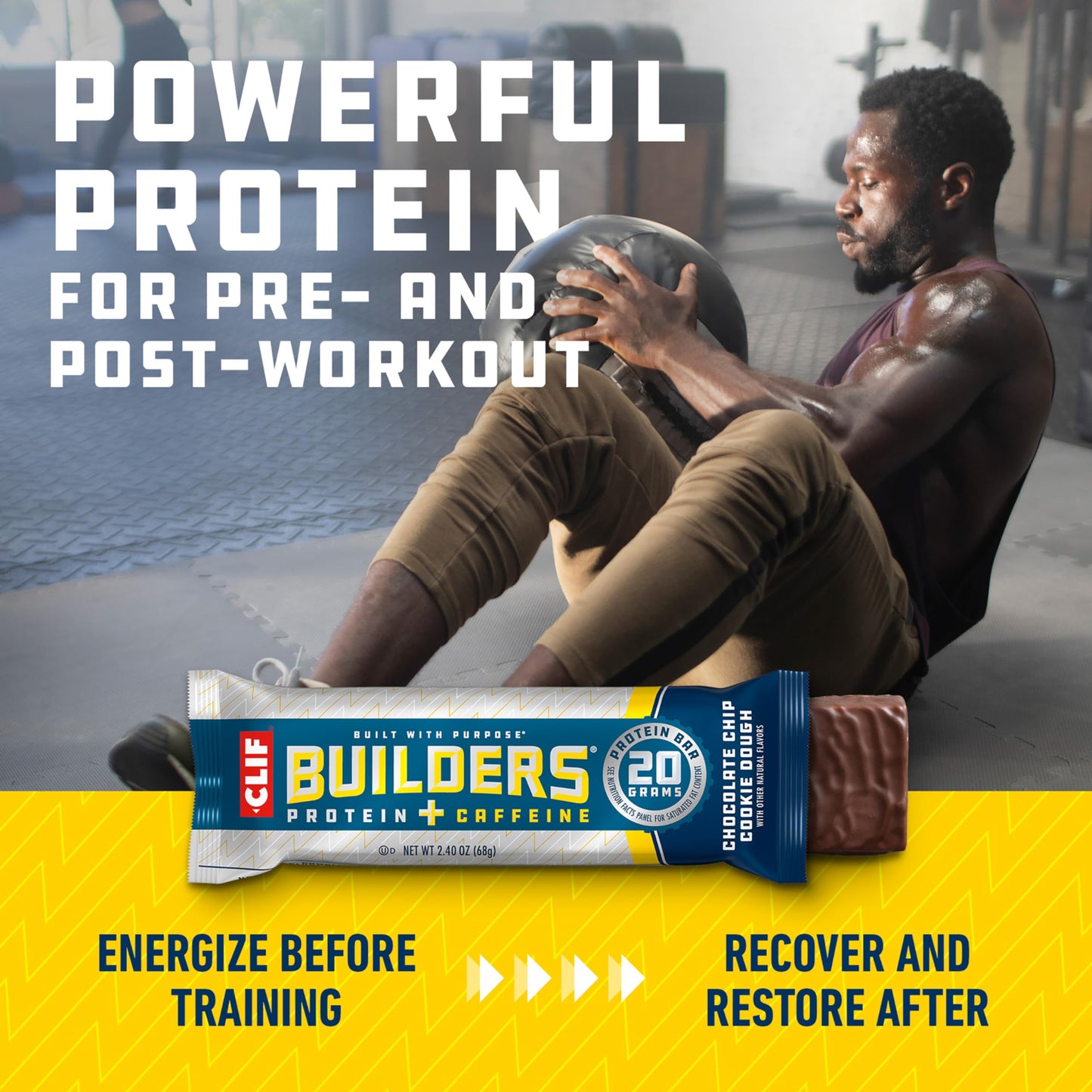 CLIF BUILDERS + Caffeine Protein Bars - Chocolate Chip Cookie Dough Flavor - 20g Plant Based Protein - Gluten Free - Non-GMO - Low Glycemic - No Artificial Sweeteners - 2.4 oz. (12 Pack)