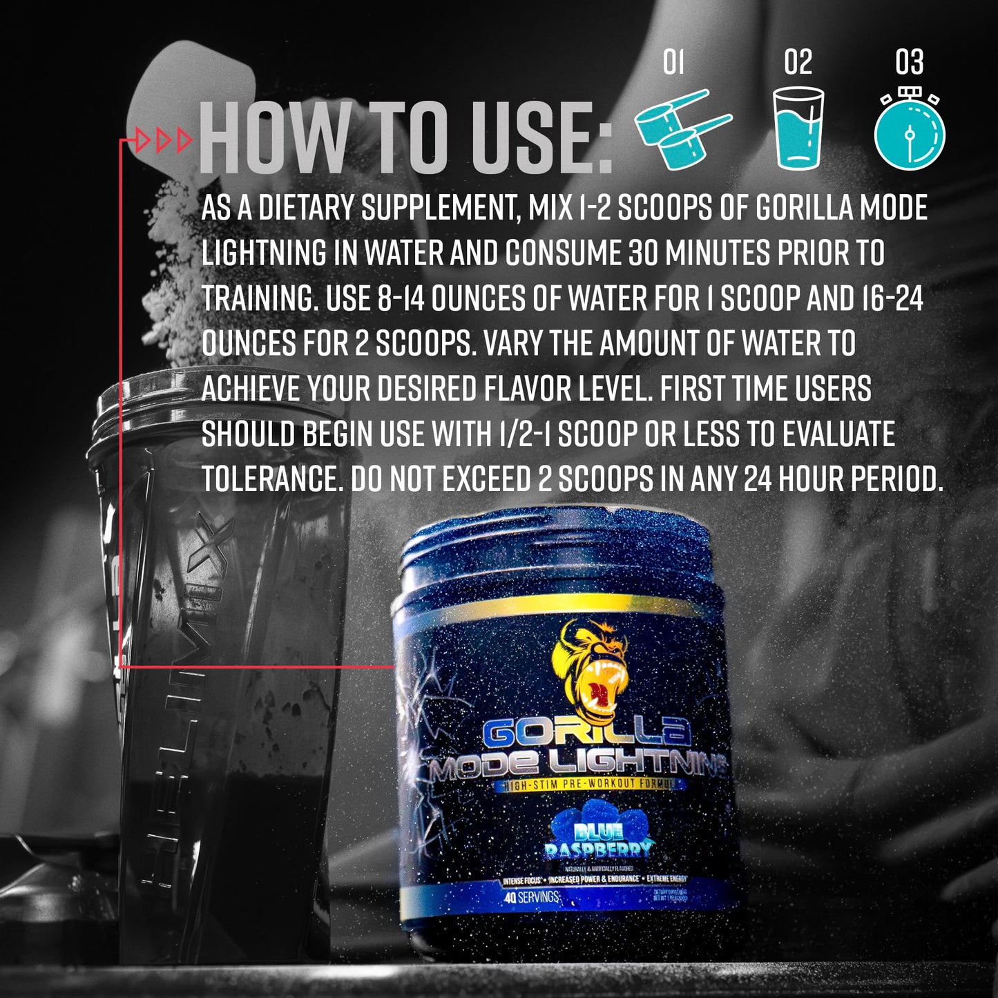 Gorilla Mode Lightning Pre-Workout - Extreme Energy · Laser Focus · Powerful Pumps · Peak Performance - 550mg Caffeine, 13500mg L-Tyrosine, Alpha-GPC– 808g (Blue Raspberry)