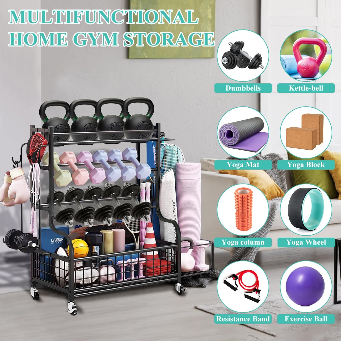 Hiee Dumbbell Rack, Weight Rack for Kettlebells, Heavy-Duty Home Gym Storage Rack for Yoga Mat and Workout Equipment, Storage Holder with Wheels and Hooks (320lb)