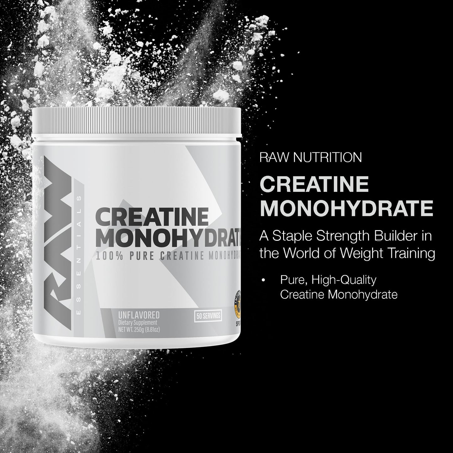 RAW Nutrition Creatine Monohydrate Powder - Unflavored Micronized Creatine Monohydrate Workout Supplement for Muscle Energy, Strength & Endurance - Creatine Powder for Women & Men - 50 Servings