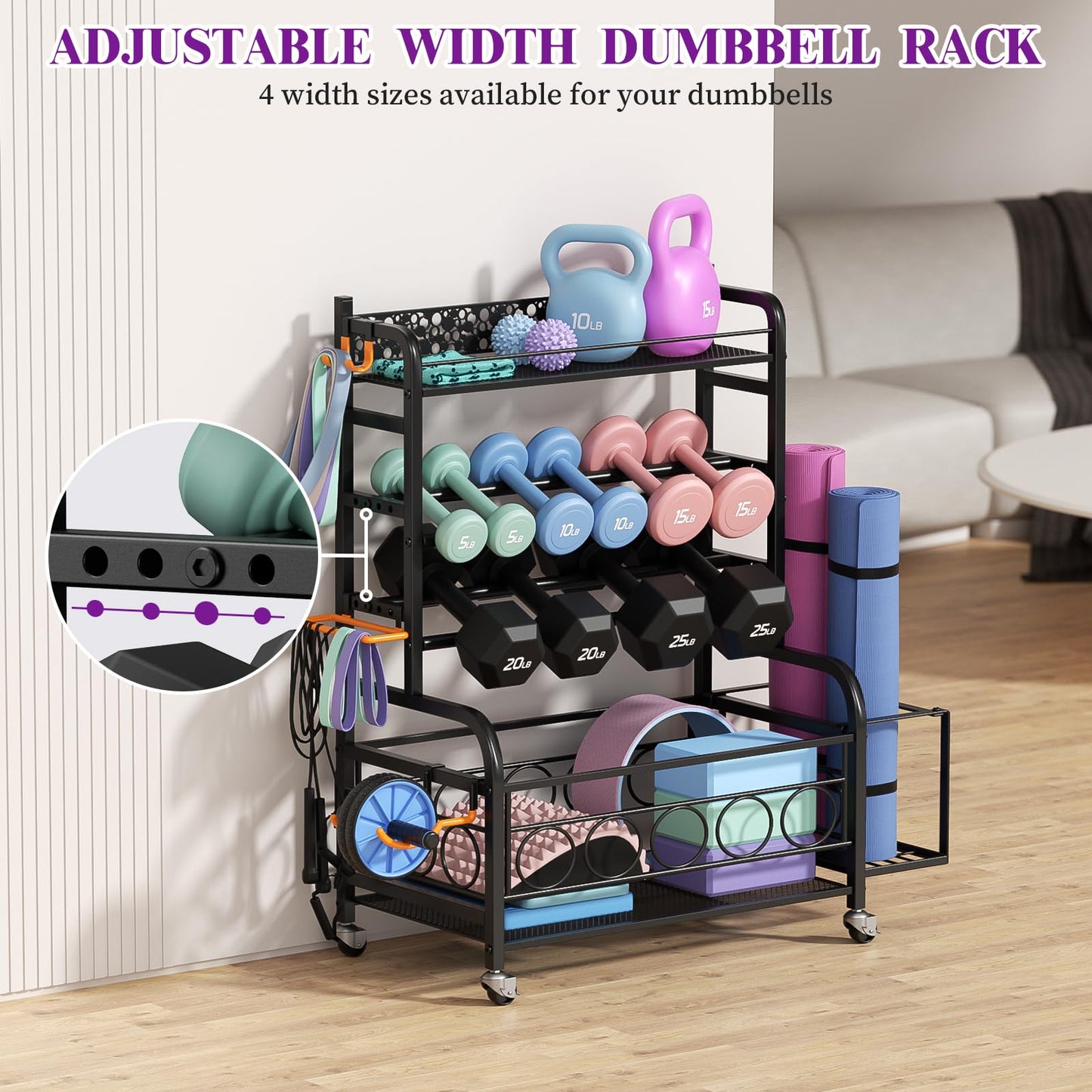 Dumbbell Rack,VOPEAK Weight Rack for Dumbbells, Weight Rack for Home Gym, Home Gym Storage Rack for Yoga Mat Kettlebells and Strength Training Equipment, Weight Storage Rack for Dumbbells with Wheels