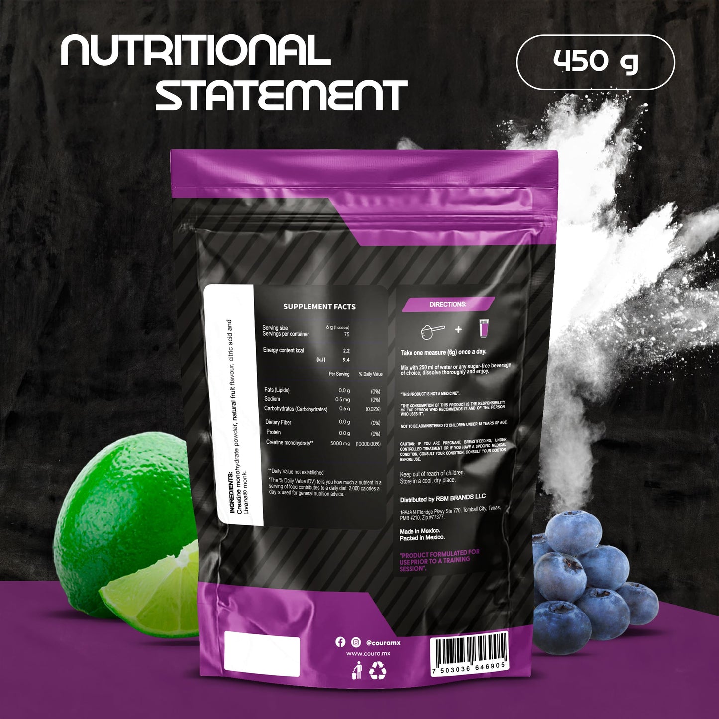 COURA Creatine Monohydrate Lemon-Berries Flavor - 450g - Sports Supplement - Strength and Endurance - Ideal for Intense Workouts - Gluten Free - Bottle Free