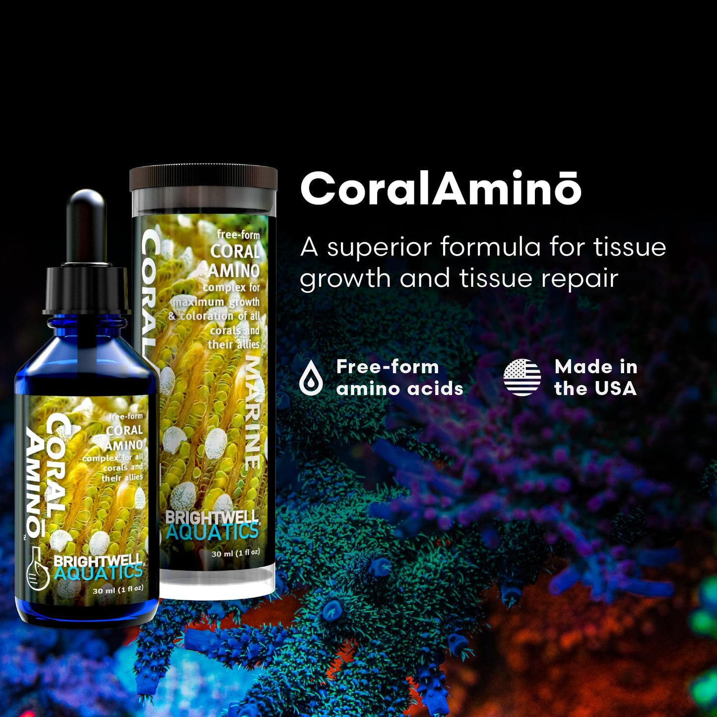 Brightwell Aquatics CoralAmino - Complex of Amino Acids for Corals - Coral food for Aquarium Coral Growth - Saltwater Aquarium Treatments, 1.01 fl oz