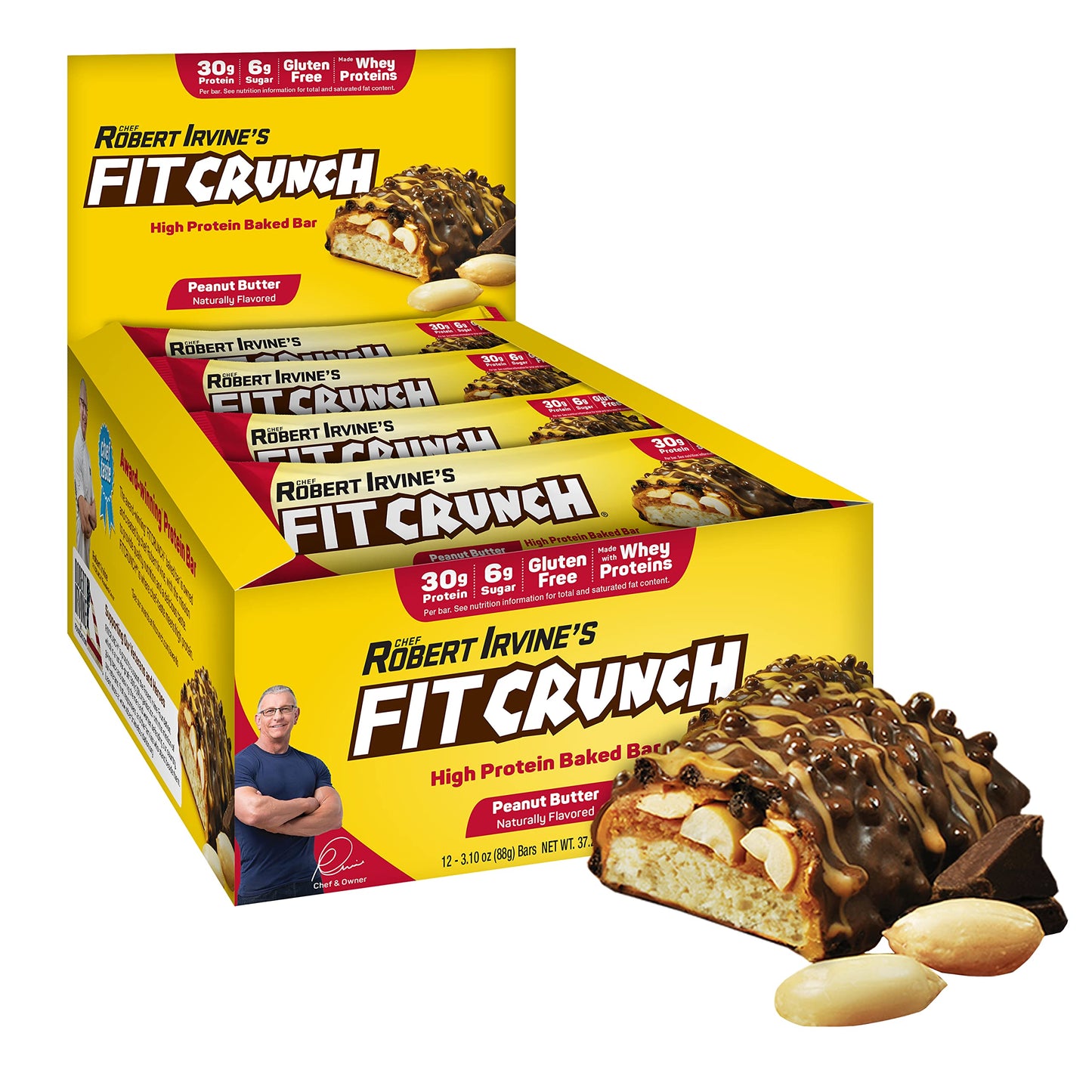 FITCRUNCH Full Size Protein Bars, 6-Layer Baked Bar, 6g of Sugar, Gluten Free & Soft Cake Core (12 Bars, Peanut Butter)