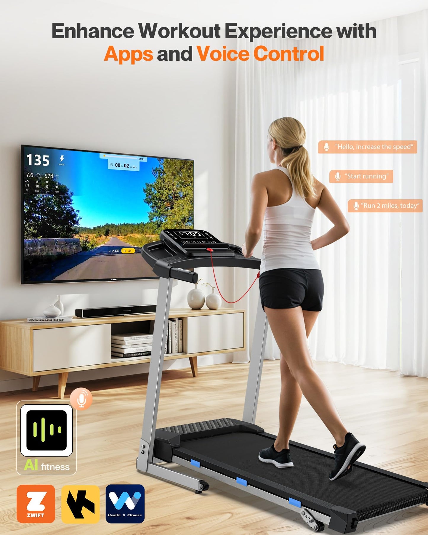 Cardirun Folding Treadmill with Incline, 350 LBS Capacity & 7.6 MPH, 3.0HP Quiet Treadmills for Home Small with Pulse Sensor and Bluetooth Speaker, 12 Preset Programs, App & Voice Control, LED Display