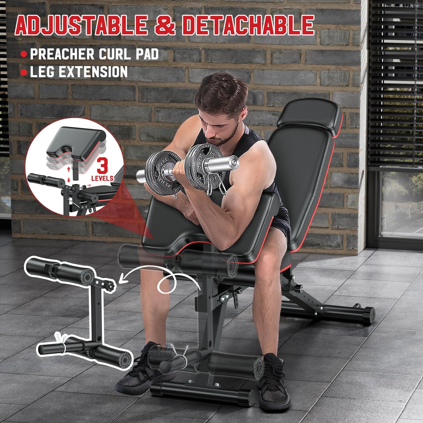 XDDIAS Workout Bench, Adjustable Weight Bench with Leg Extension and Leg Curl, Extended Headrest, 900LBS Preacher Curl Bench Incline Decline Flat Workout Bench for Home Gym Full Body Exercise