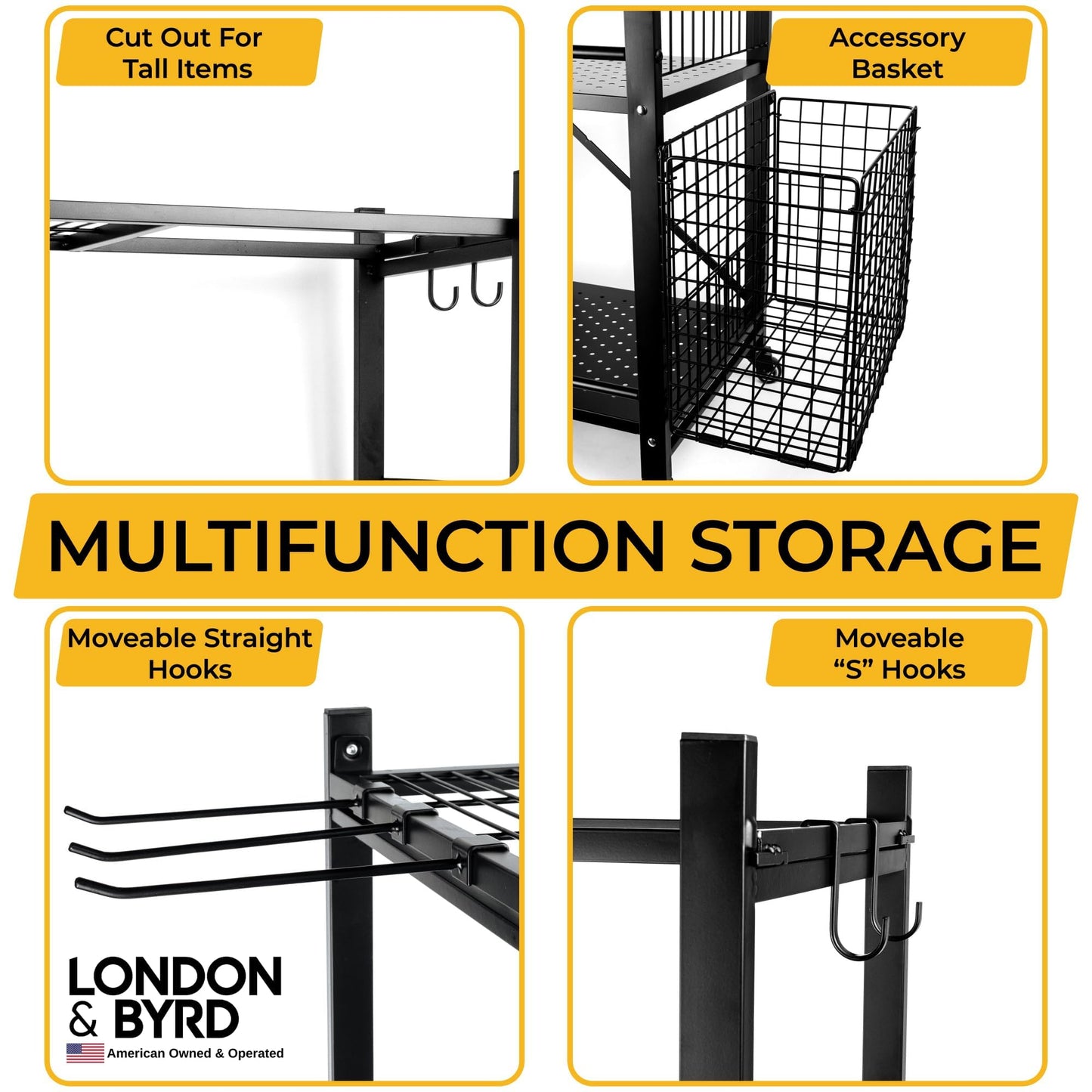 London & Byrd - No Assembly - Home Gym Storage Rack. Steel Construction, Heavy Duty Wheels, with Basket and Hooks. Great for Home Gym Equipment, Yoga mats, Kettlebells, and Small Dumbbell Storage.