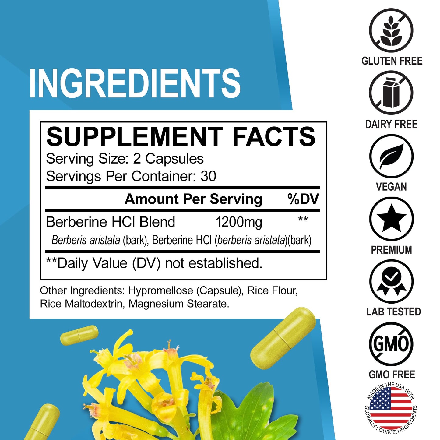 Berberine Supplement Capsules - 1200mg Berberine HCL Supplement for Healthy Metabolic Support - Premium Natural Complex for Women & Men, Pure Support Capsules Supplements - 60 Pills